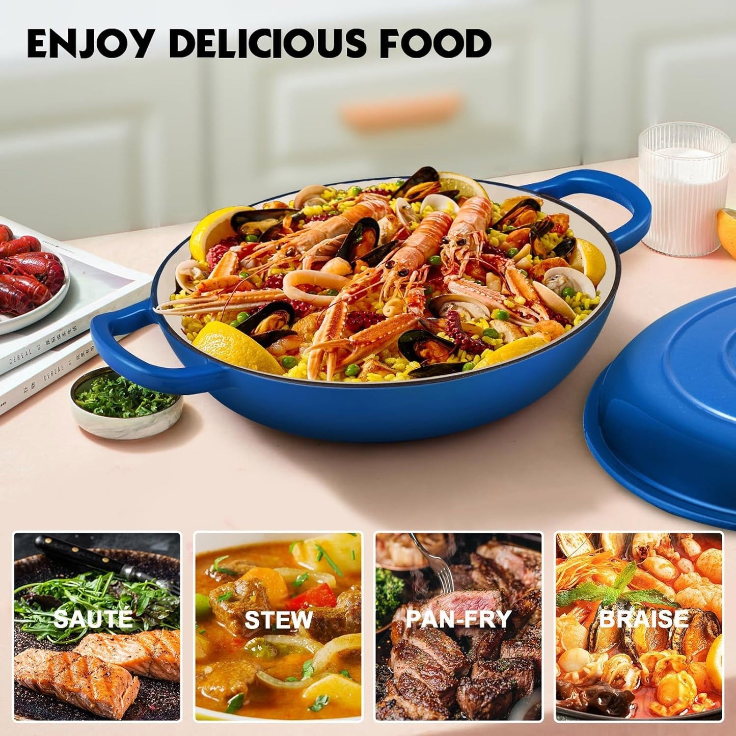 La Cocina 30cm Amazon Blue Cast Iron Shallow Round Casserole Paella Pot - 3.5 Liter