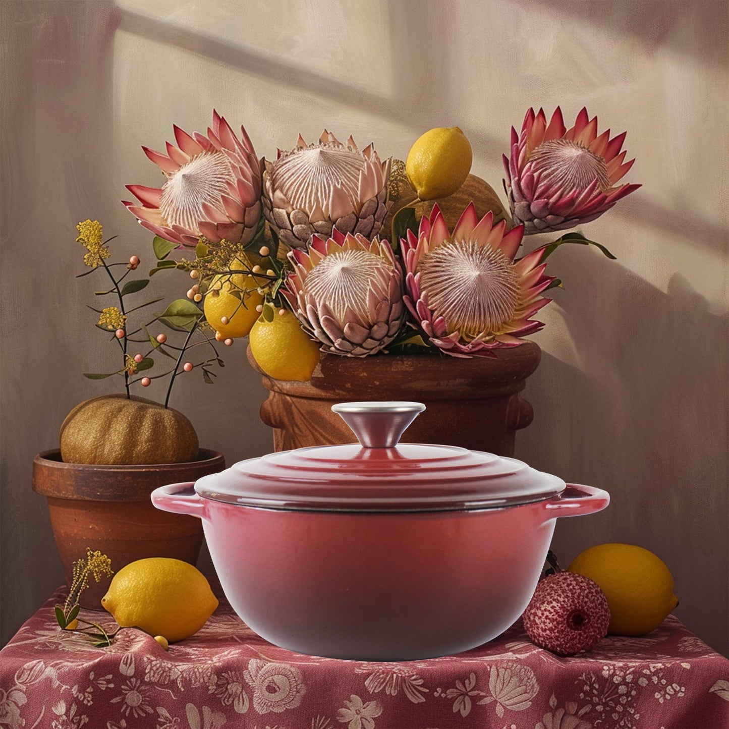 La Cocina 7 Piece Vintage Maroon Cast Iron Enamel Cookware Set