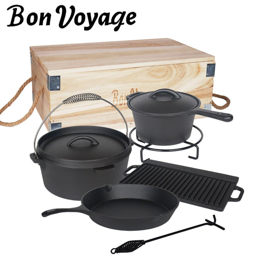 Bon Voyage 7 Piece Pre-Seasoned Heavy Duty Cast Iron Camping Set