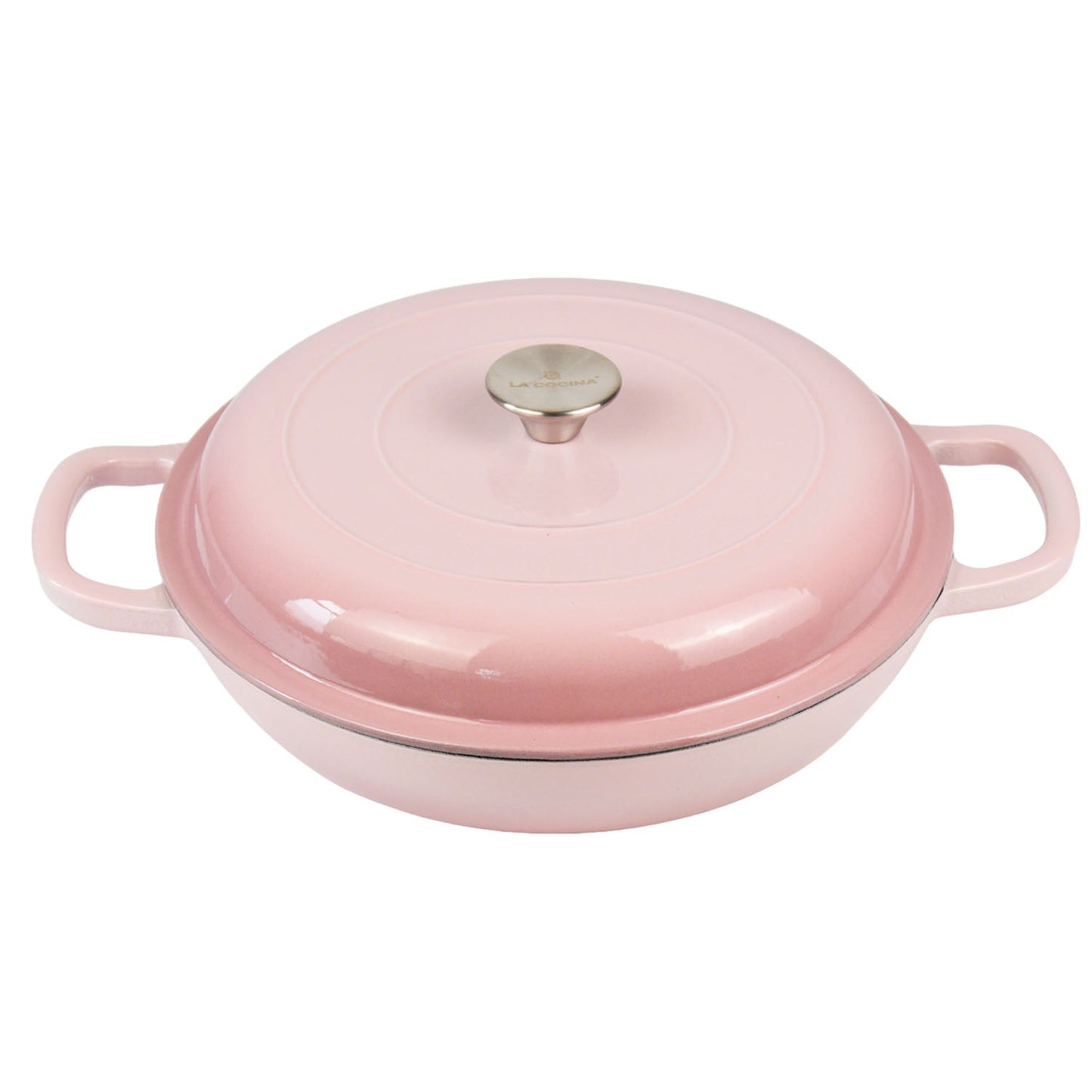 La Cocina 30cm Ombre Pink Cast Iron Shallow Round Casserole Paella Pot - 3.5 Liter