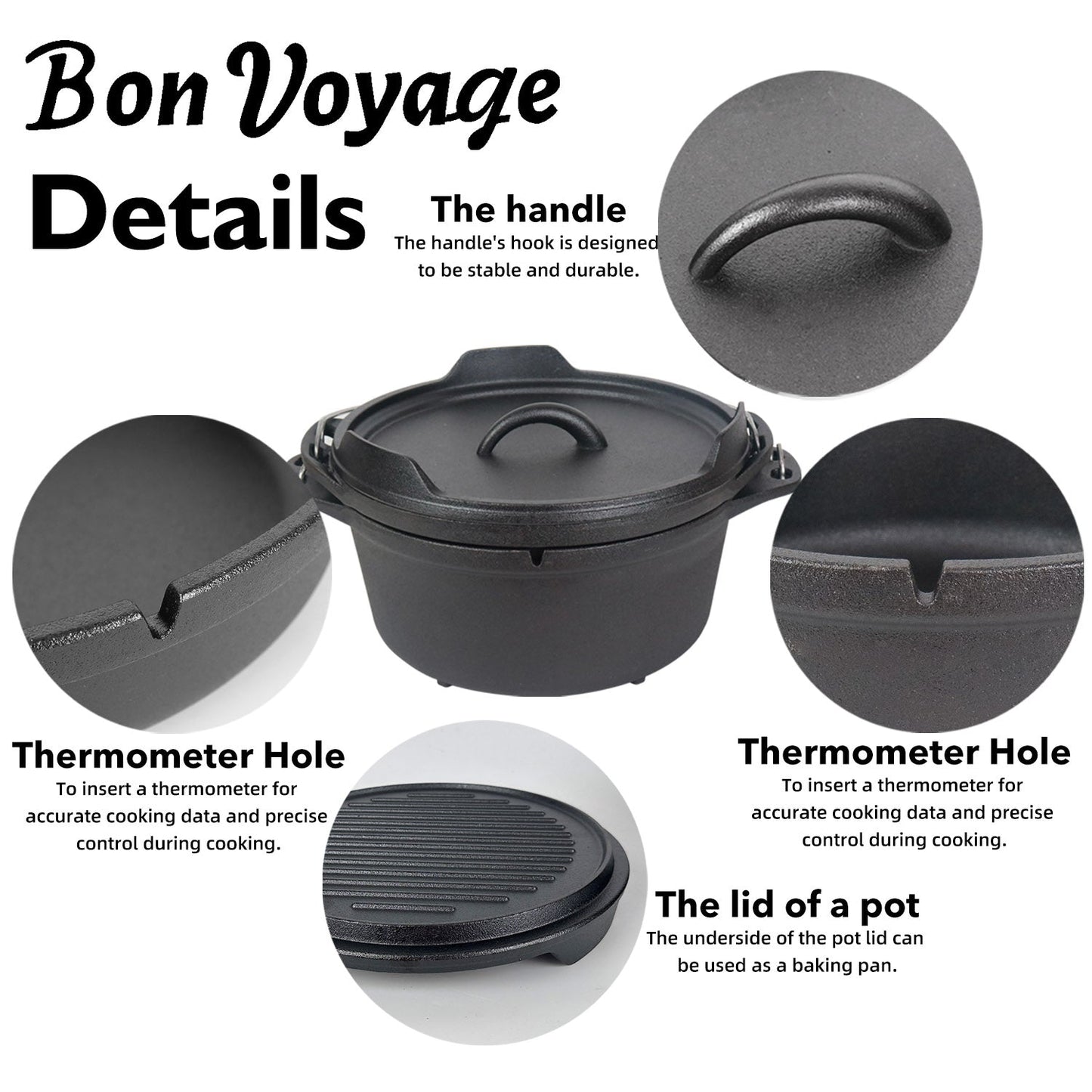 Bon Voyage 3 Piece Pre-Seasoned Heavy Duty Cast Iron Dutch Oven Potjie Pot Set