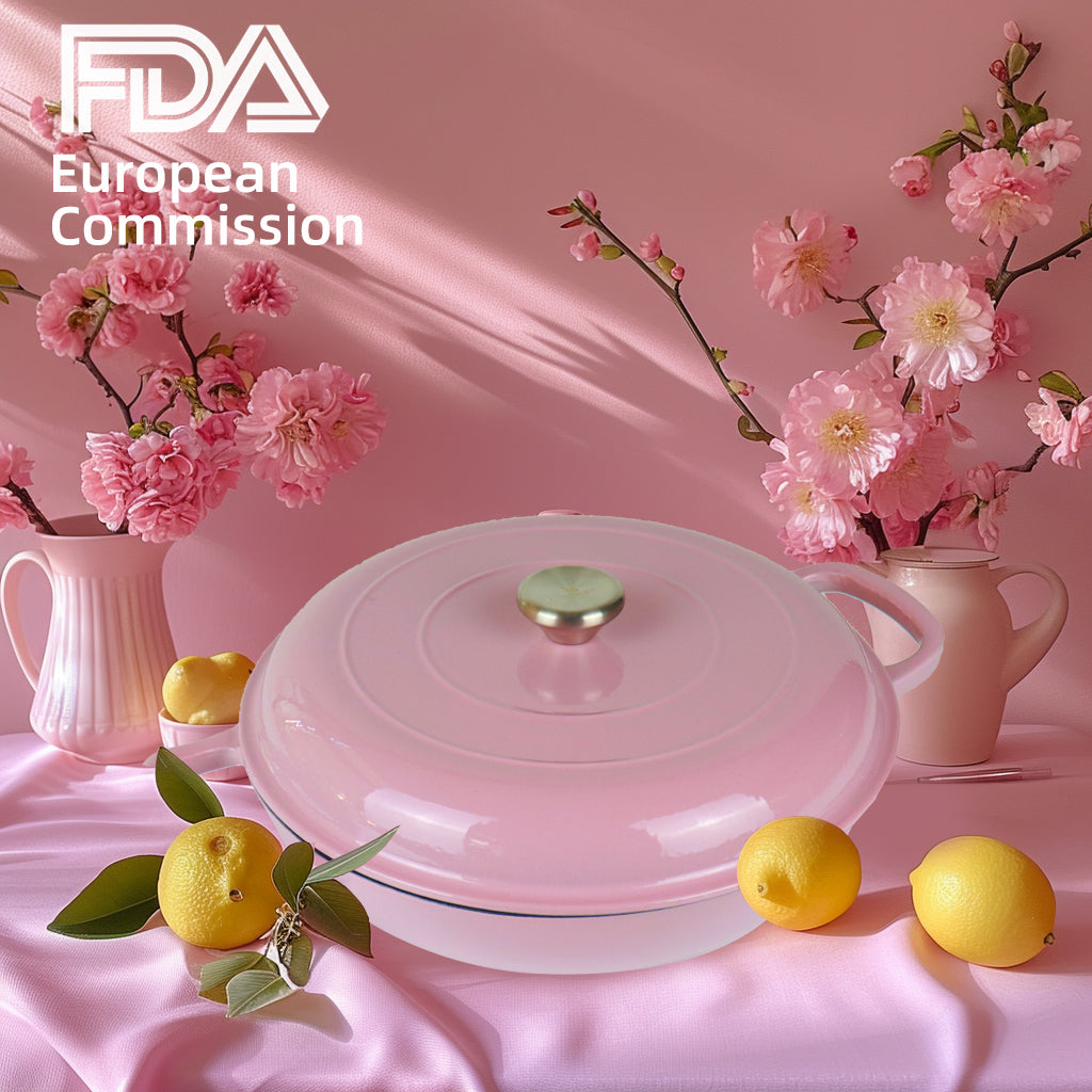 La Cocina 30cm Pink Cast Iron Shallow Round Casserole Paella Pot - 3.5 Liter