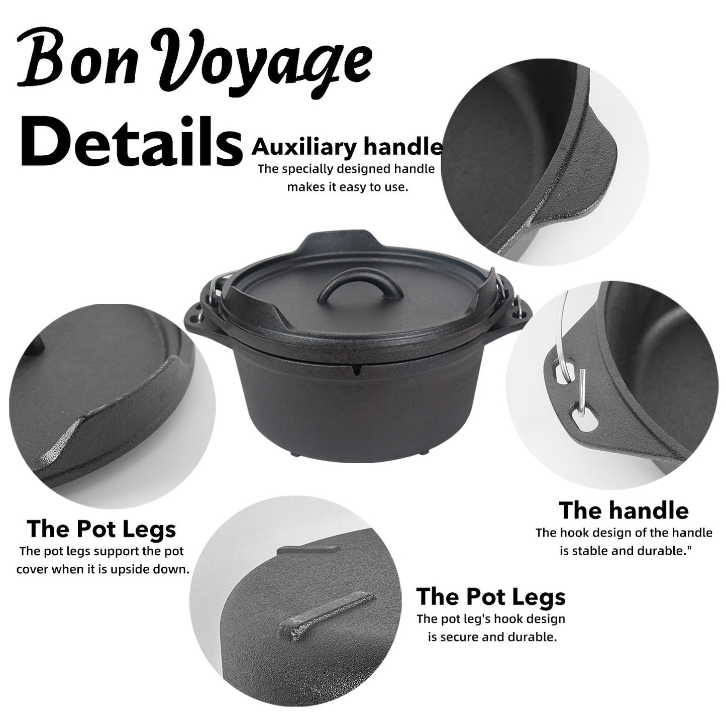 Bon Voyage 3 Piece Pre-Seasoned Heavy Duty Cast Iron Dutch Oven Potjie Pot Set
