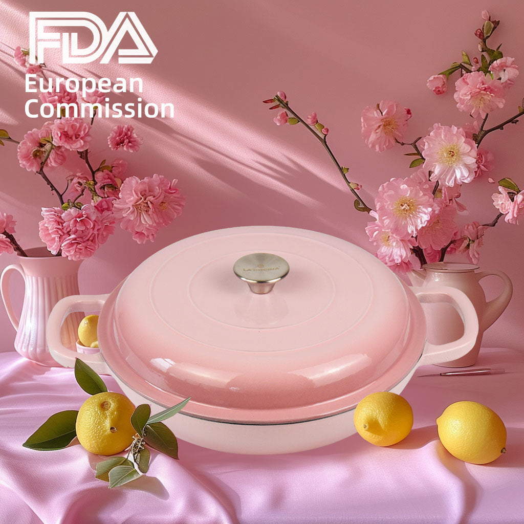 La Cocina 30cm Ombre Pink Cast Iron Shallow Round Casserole Paella Pot - 3.5 Liter