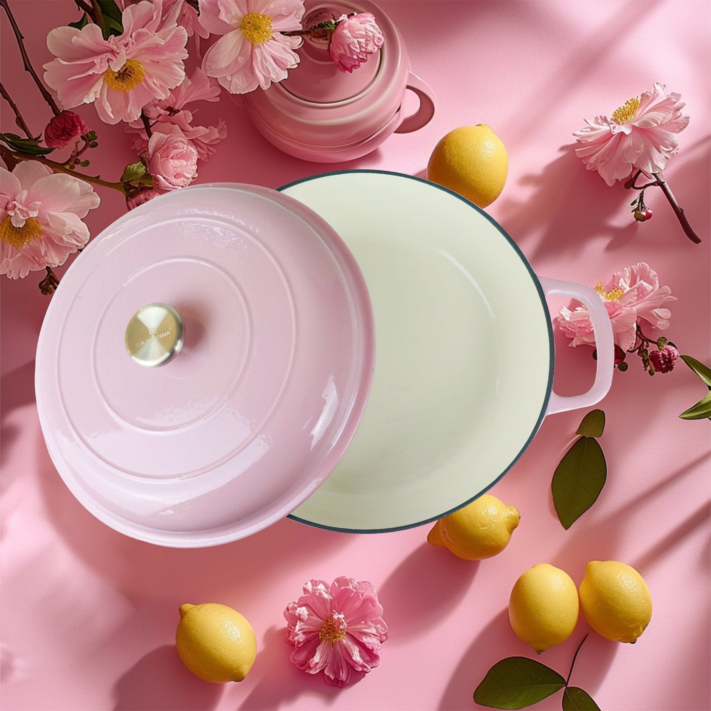 La Cocina 30cm Pink Cast Iron Shallow Round Casserole Paella Pot - 3.5 Liter