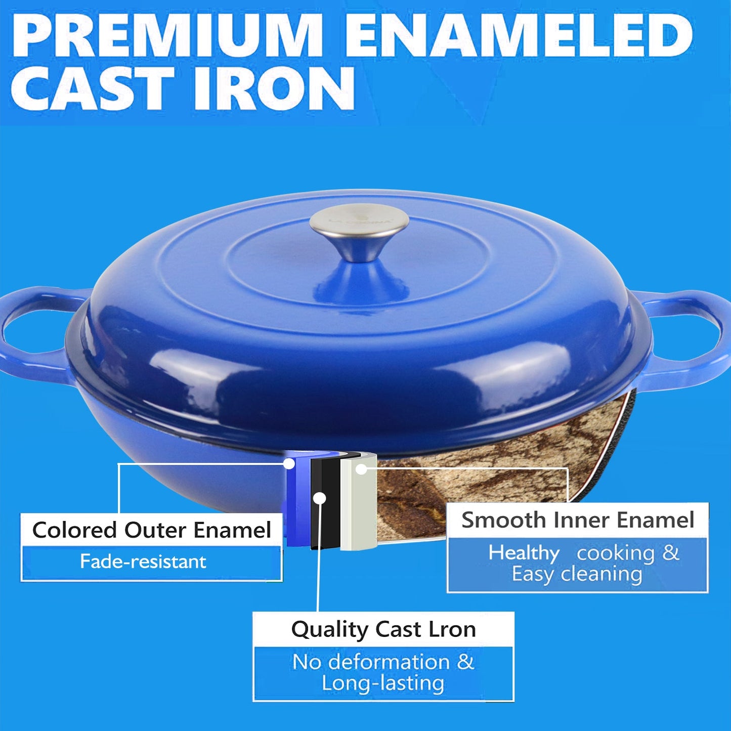 La Cocina 30cm Amazon Blue Cast Iron Shallow Round Casserole Paella Pot - 3.5 Liter