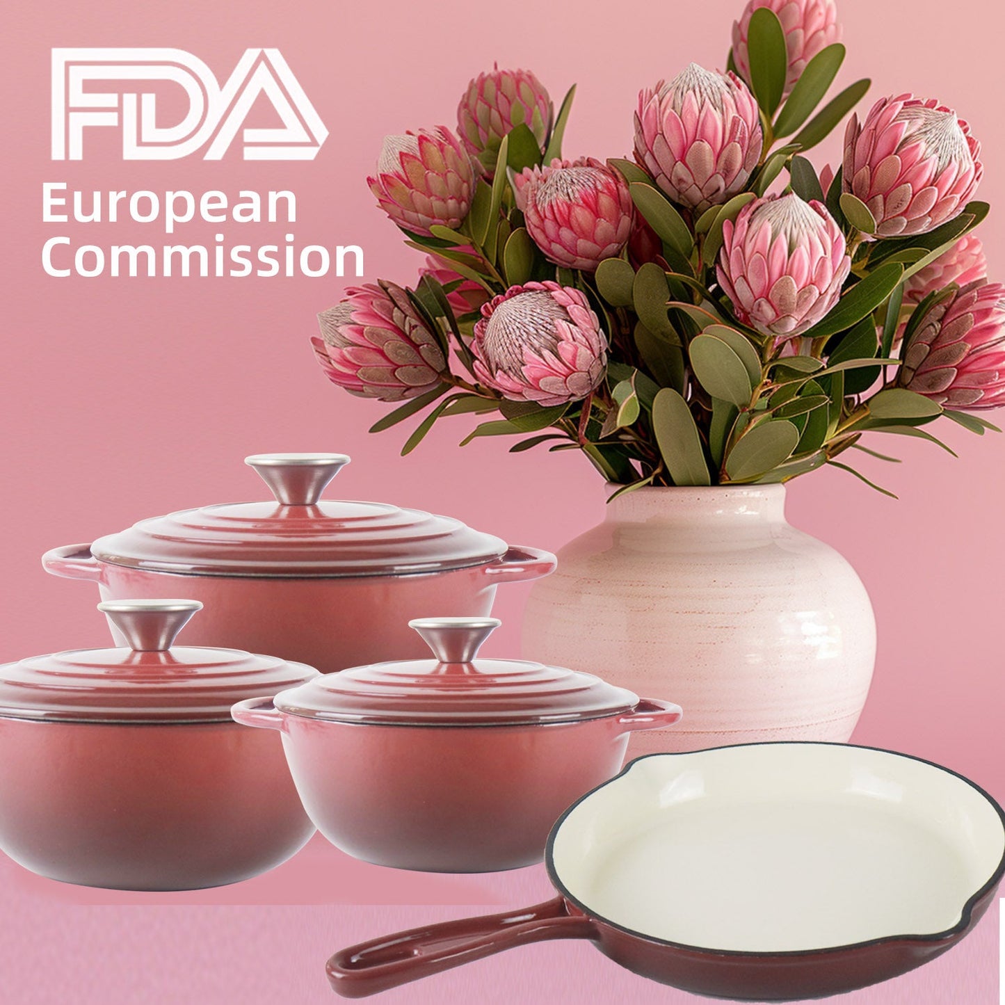 La Cocina 7 Piece Vintage Maroon Cast Iron Enamel Cookware Set