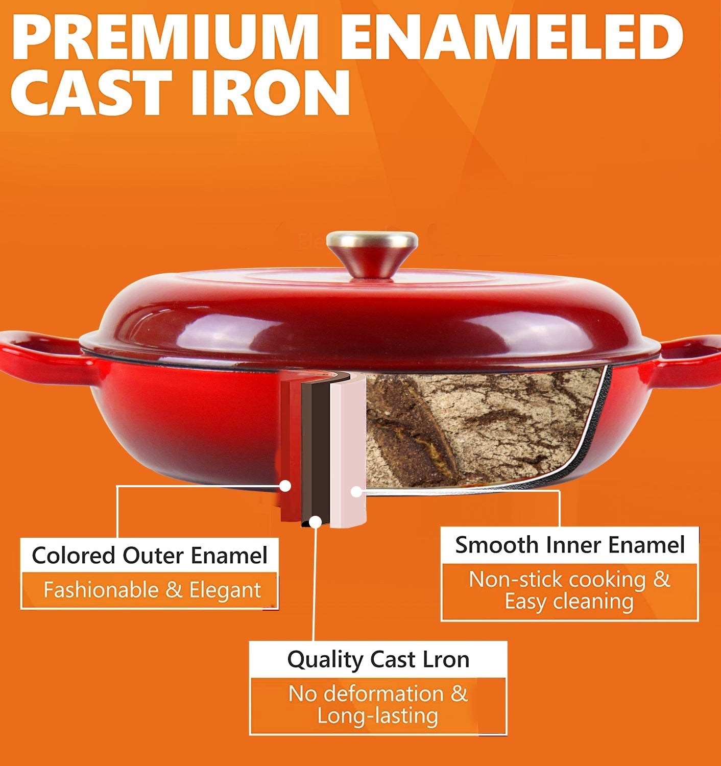 La Cocina African Red Cast Iron Shallow Round Casserole Paella Pot 30cm 3.5L (one pot only)