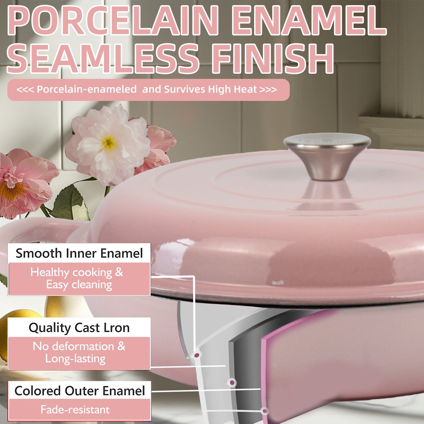 La Cocina 30cm Ombre Pink Cast Iron Shallow Round Casserole Paella Pot - 3.5 Liter