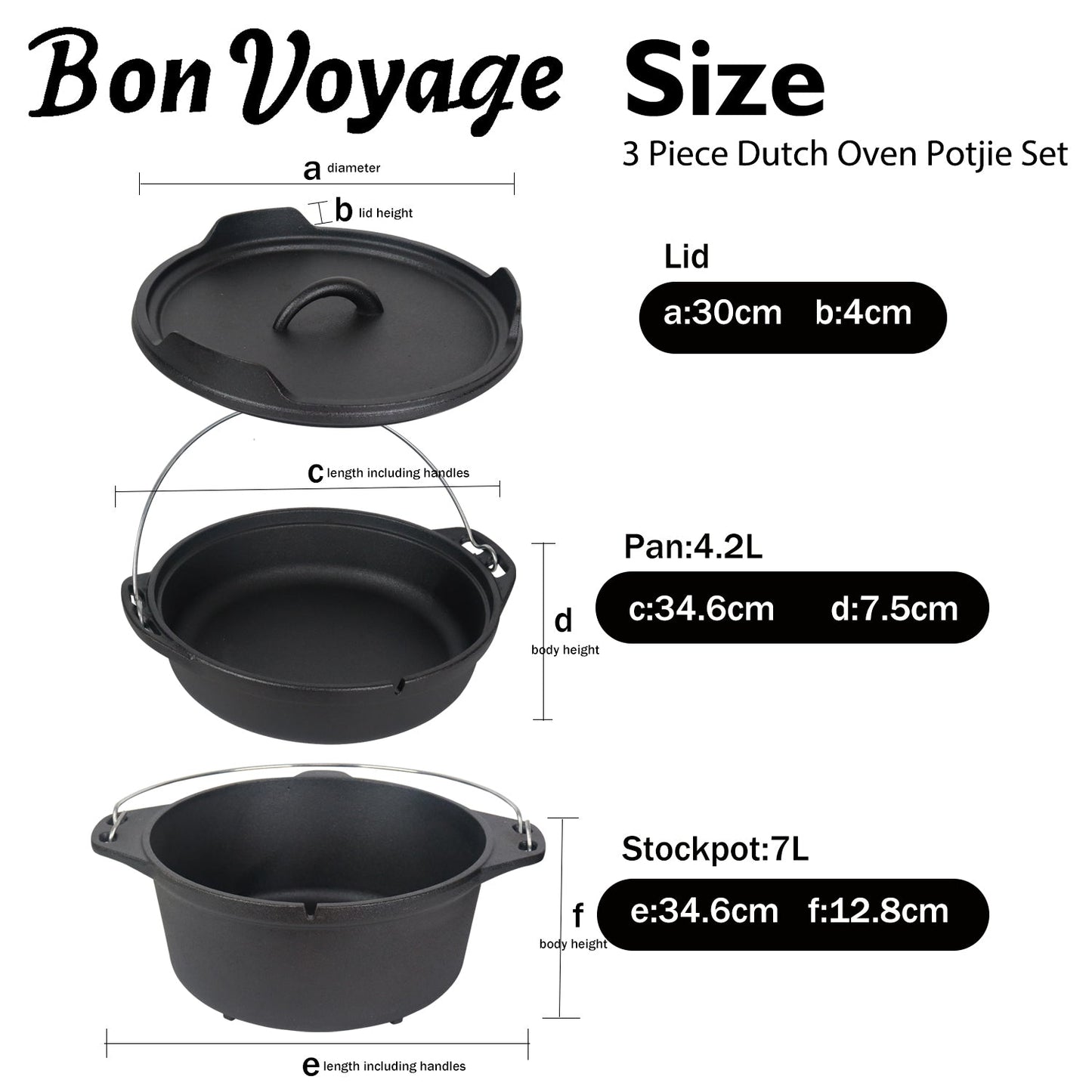 Bon Voyage 3 Piece Pre-Seasoned Heavy Duty Cast Iron Dutch Oven Potjie Pot Set