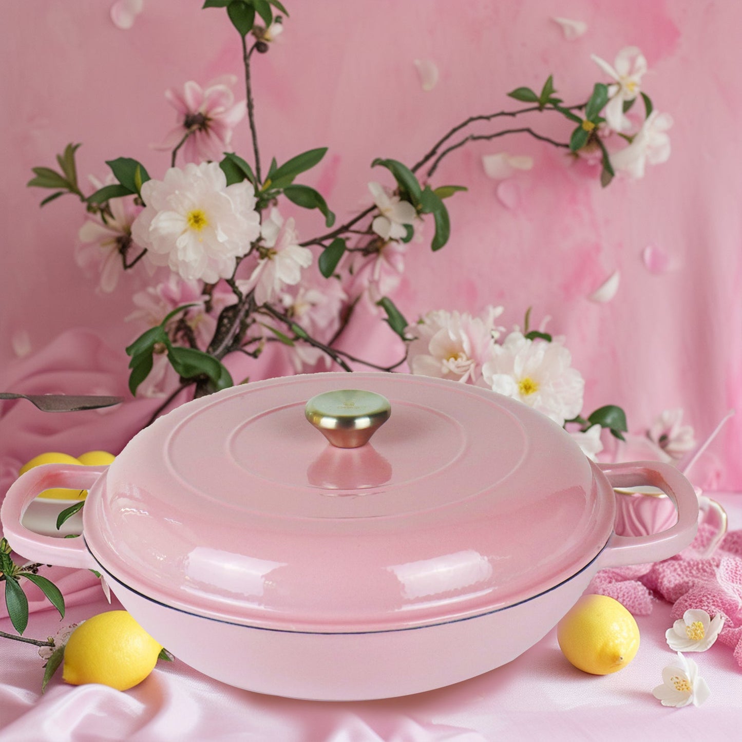 La Cocina 30cm Pink Cast Iron Shallow Round Casserole Paella Pot - 3.5 Liter