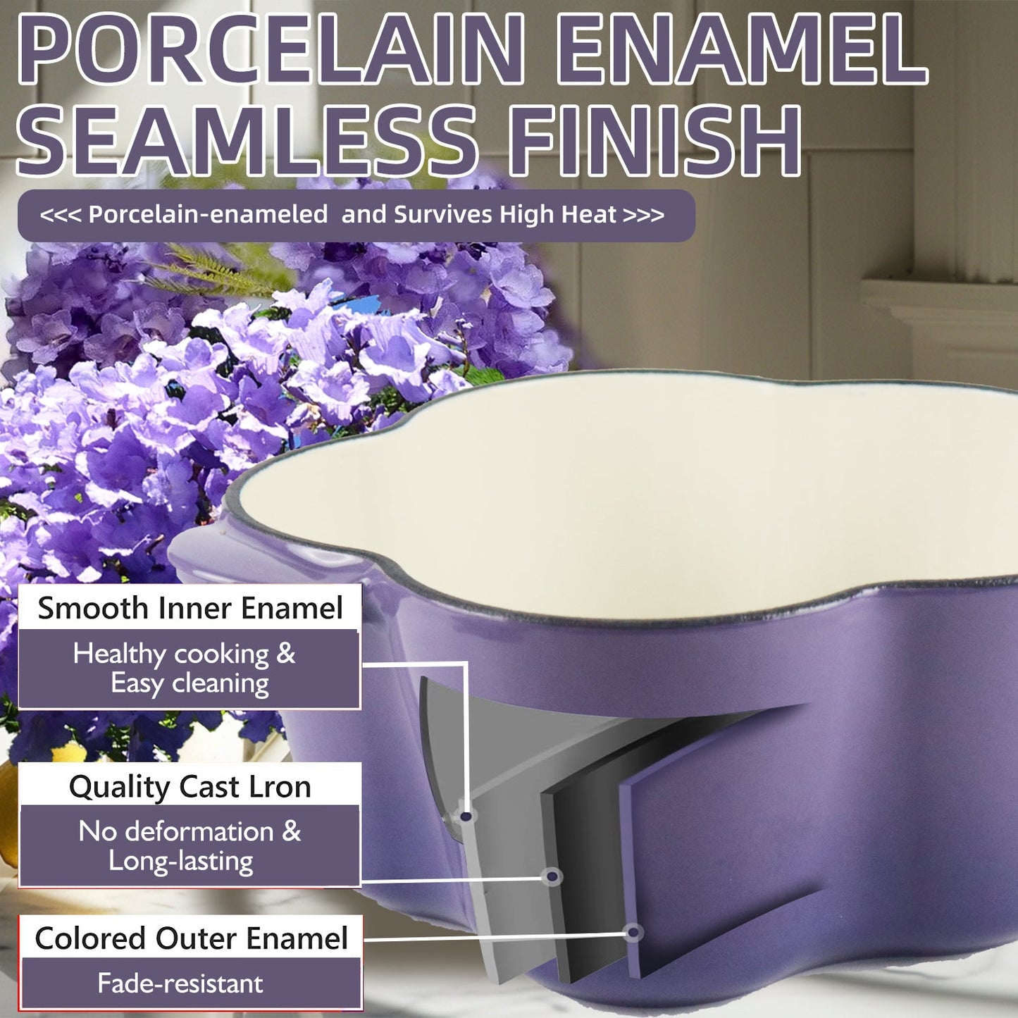 La Cocina 2QT 2-Litre Jacaranda Love Cast Iron 20cm Enamelled Casserole Pot