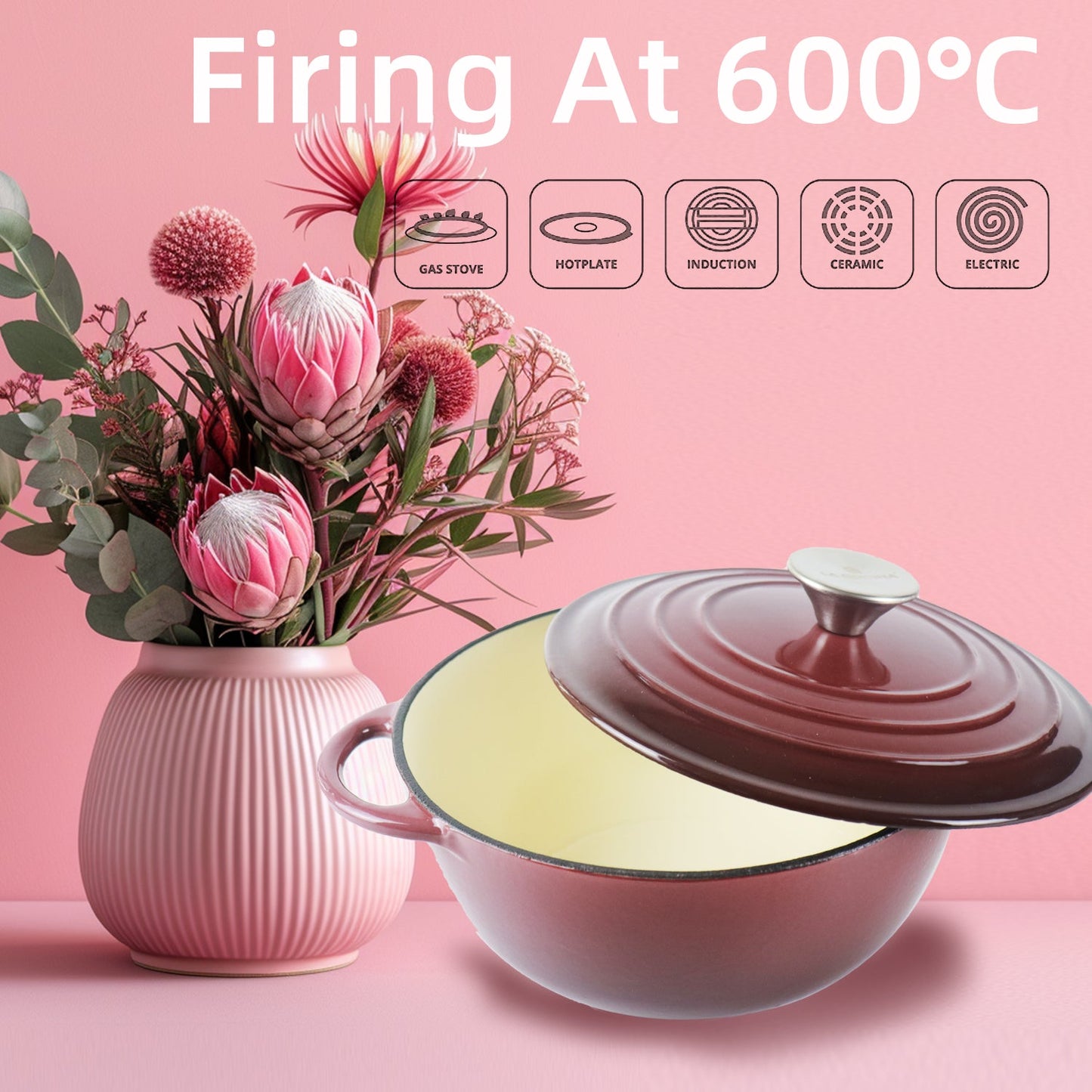 La Cocina 7 Piece Vintage Maroon Cast Iron Enamel Cookware Set