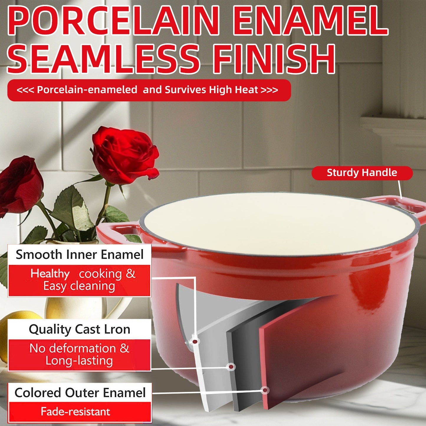 La Cocina 6QT 5.6-Litre Africa Red Cast Iron 26cm Enamelled Round Casserole Pot