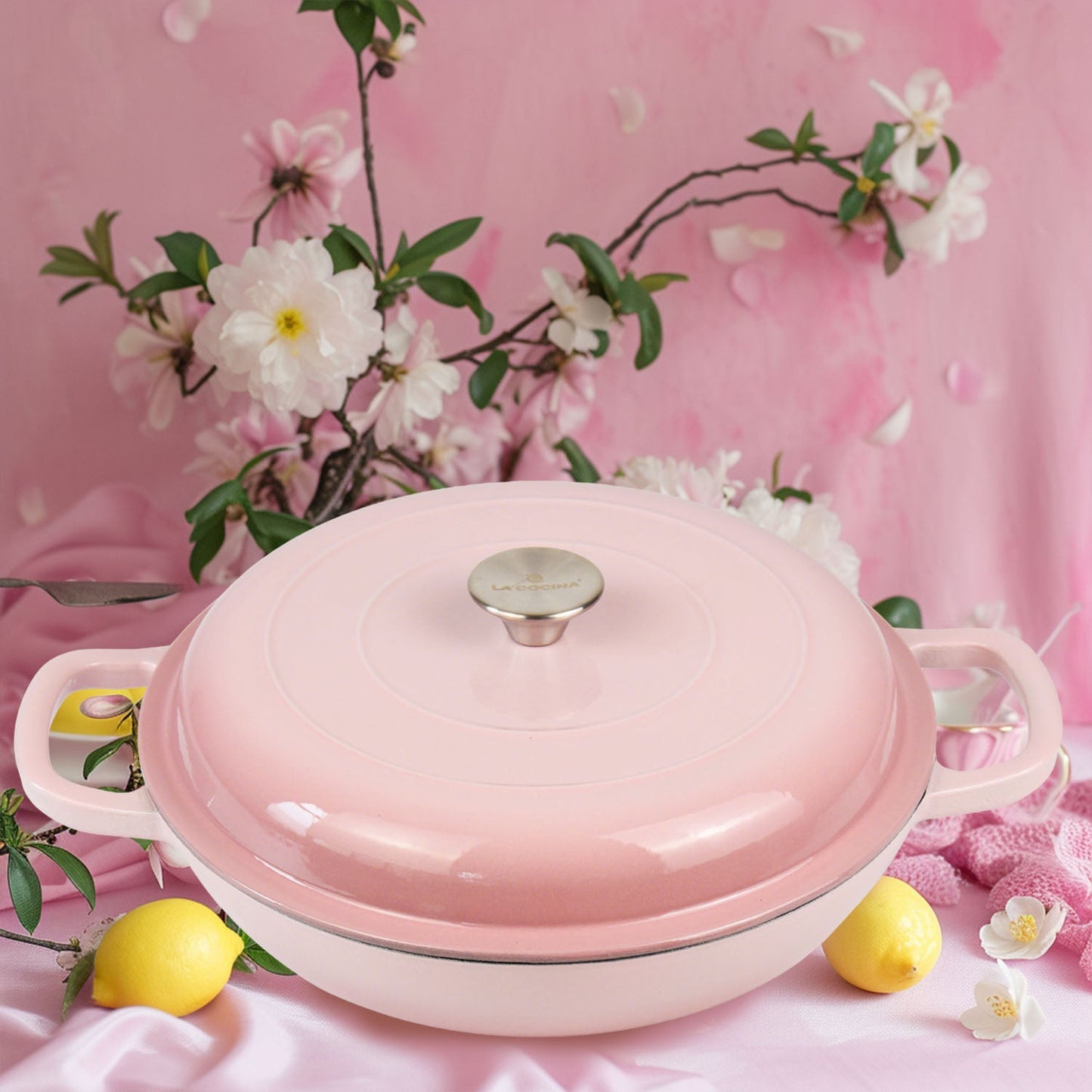 La Cocina 30cm Ombre Pink Cast Iron Shallow Round Casserole Paella Pot - 3.5 Liter