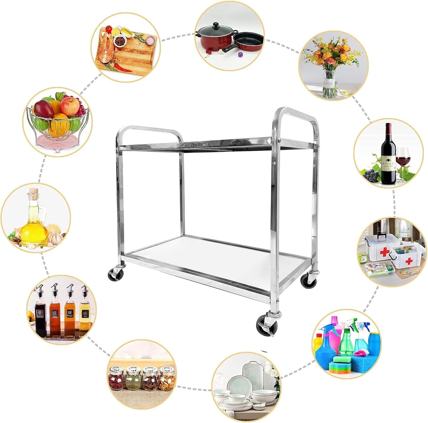 Stainless Steel 2 Tier Wood Board Trolley, Utility Cart