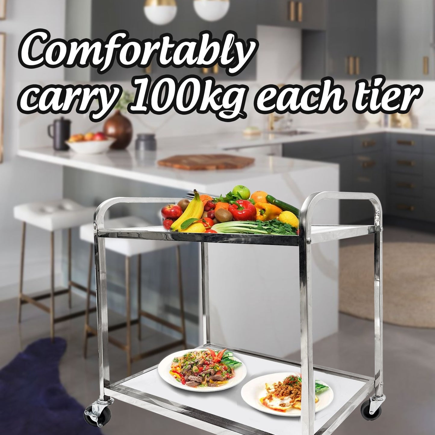 Stainless Steel 2 Tier Wood Board Trolley, Utility Cart