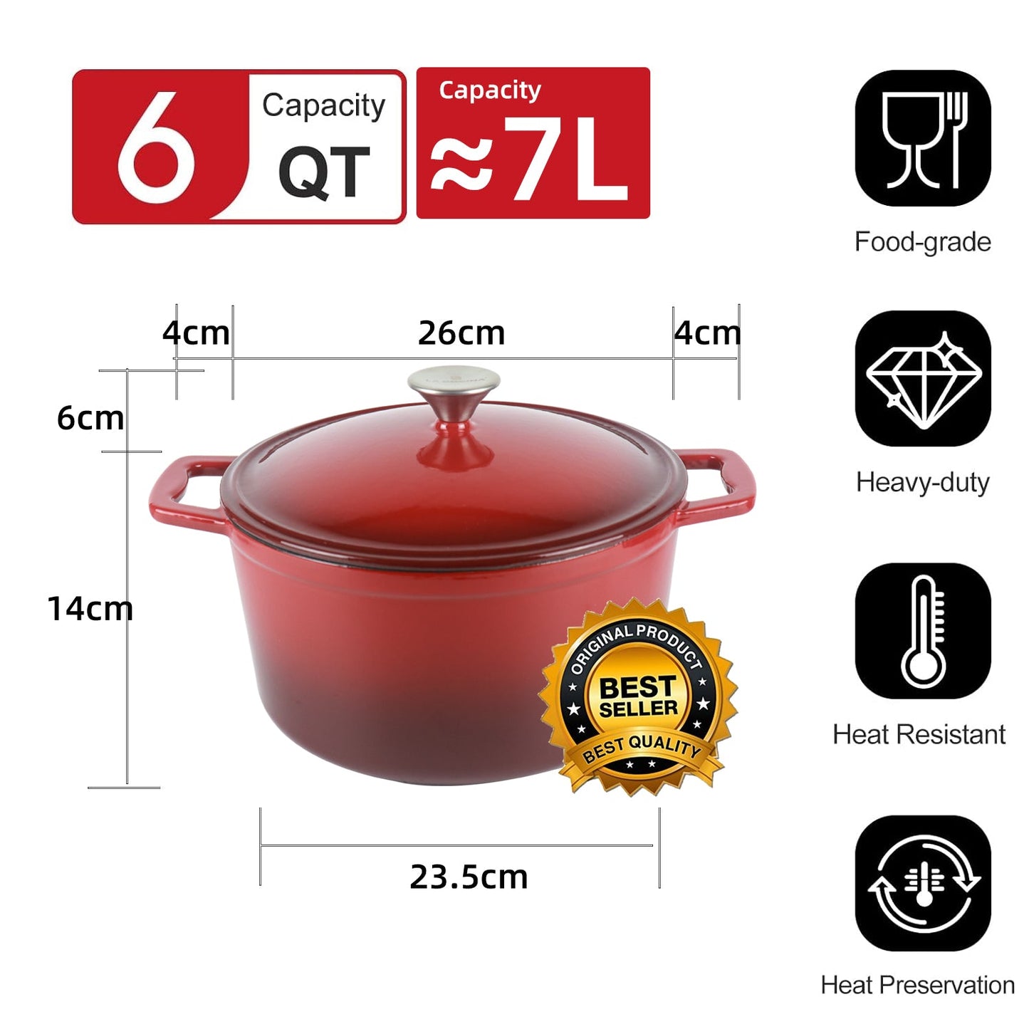 La Cocina 6QT 5.6-Litre Africa Red Cast Iron 26cm Enamelled Round Casserole Pot