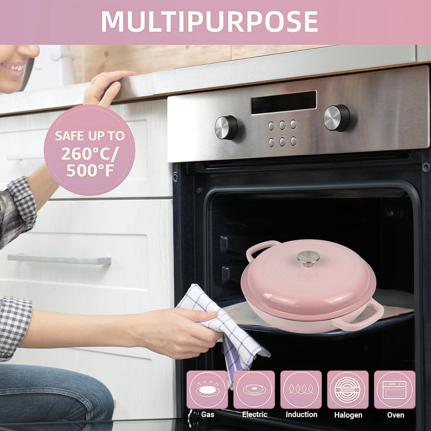 La Cocina 30cm Ombre Pink Cast Iron Shallow Round Casserole Paella Pot - 3.5 Liter