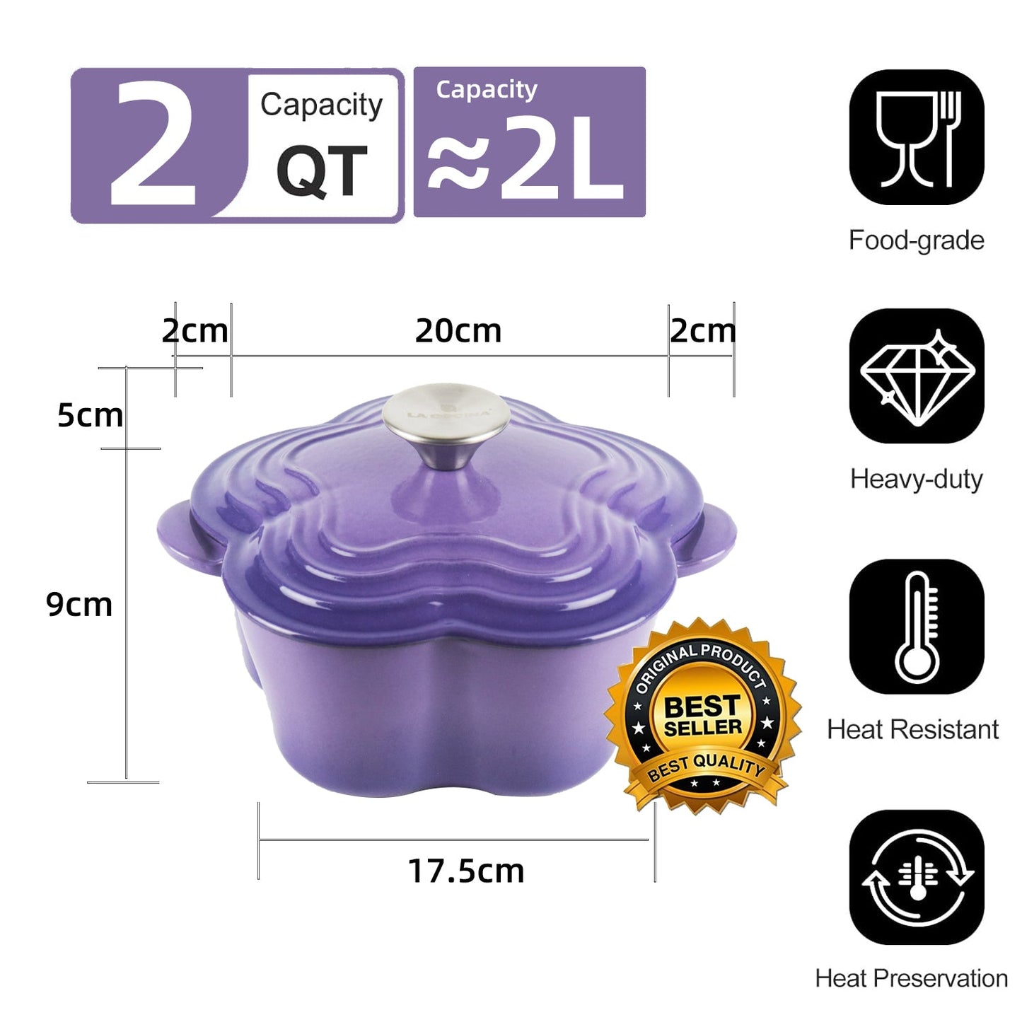 La Cocina 2QT 2-Litre Jacaranda Love Cast Iron 20cm Enamelled Casserole Pot