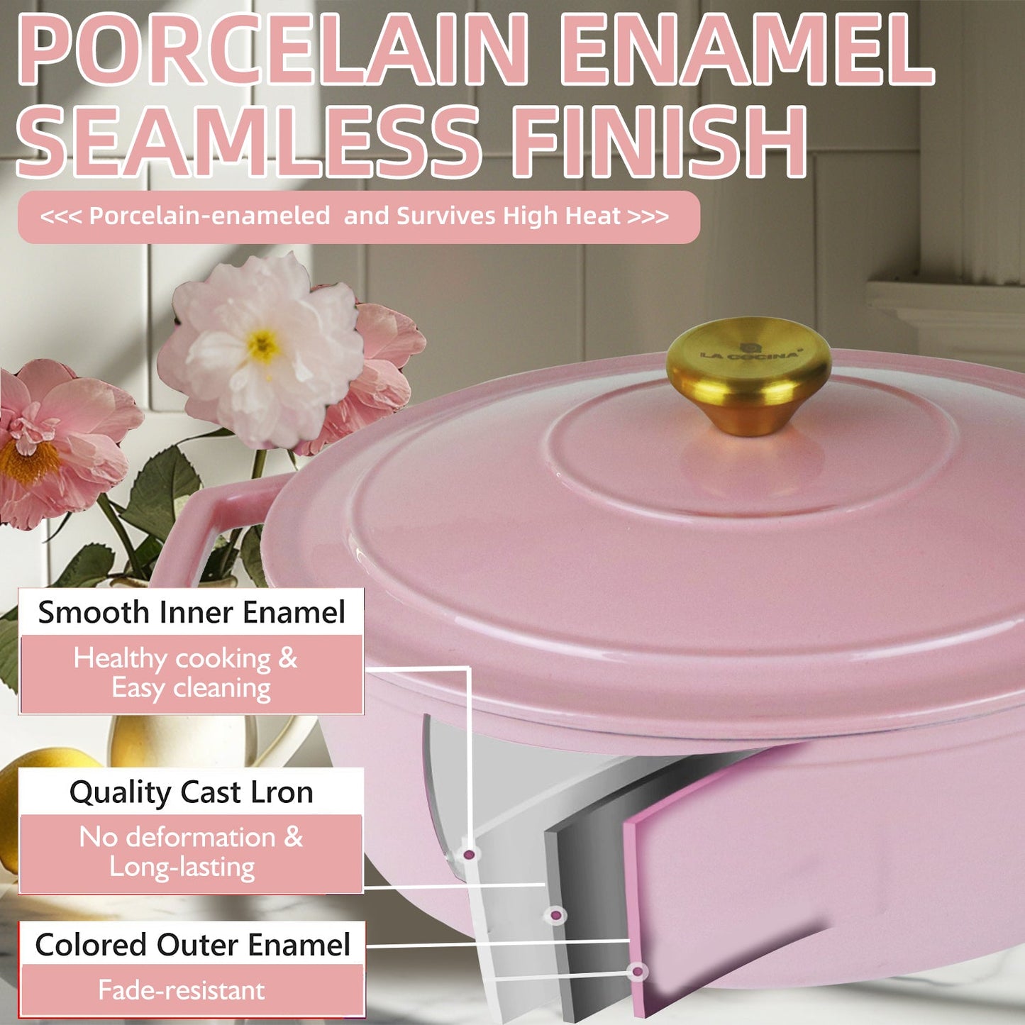 La Cocina 5 Piece Pink Limited Edition Cast Iron Enamel Cookware Set