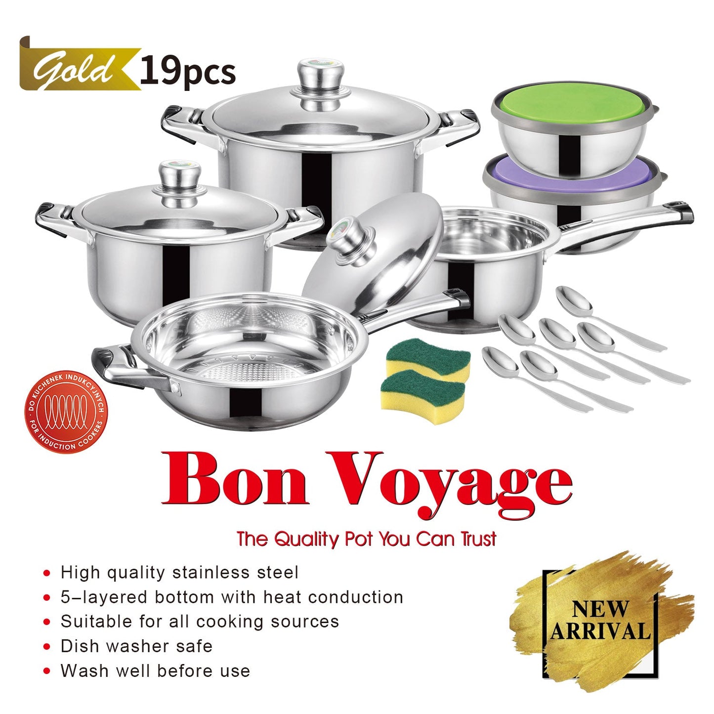 Bon Voyage Gold 19 Piece Stainless Pots Set
