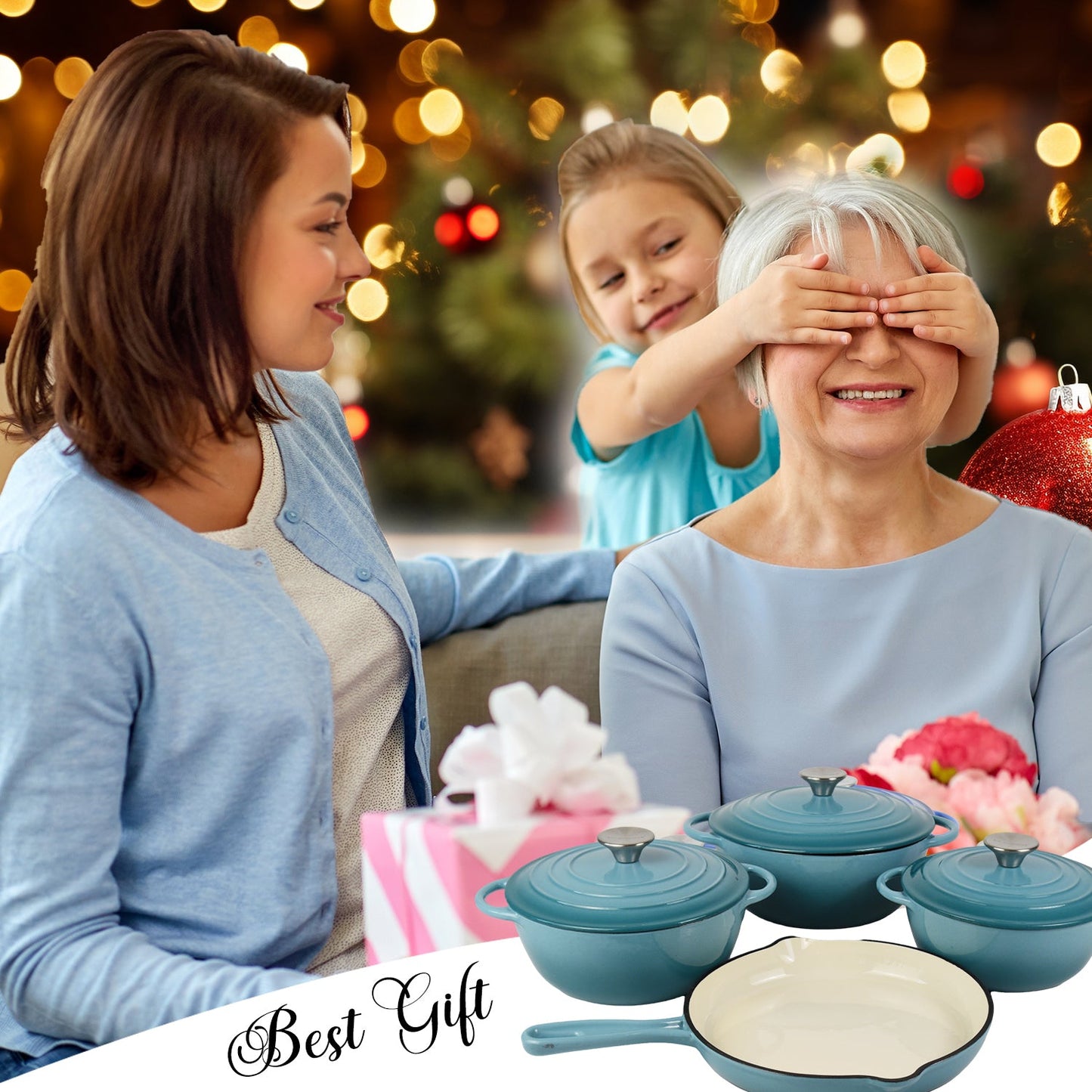 La Cocina 7 Piece Turquoise Cast Iron Enamel Cookware Set