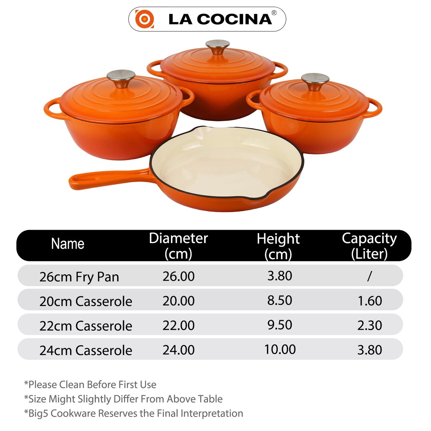 La Cocina 7 Piece Amber Cast Iron Enamel Cookware Set