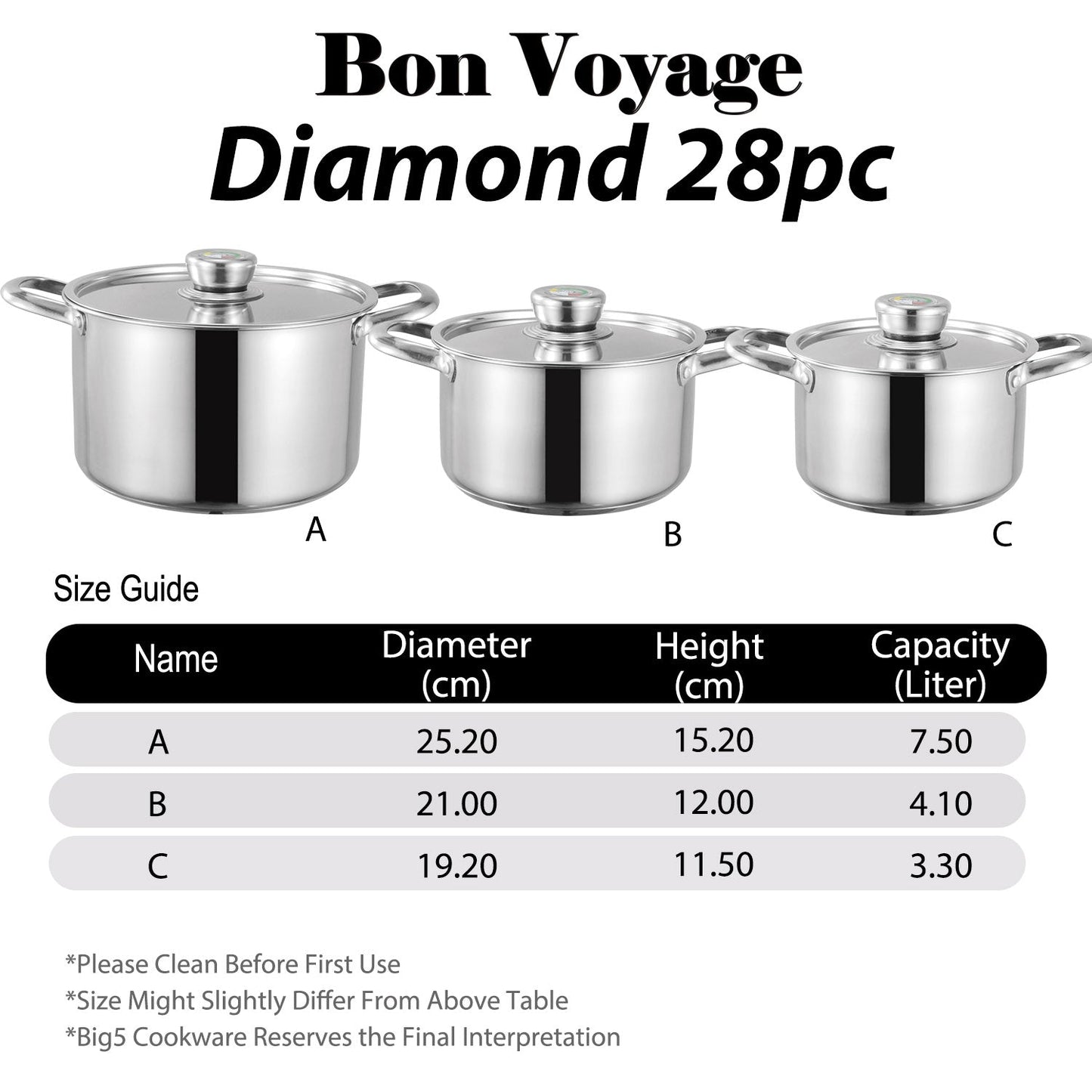 Bon Voyage Diamond 28 Piece Stainless Pots Set