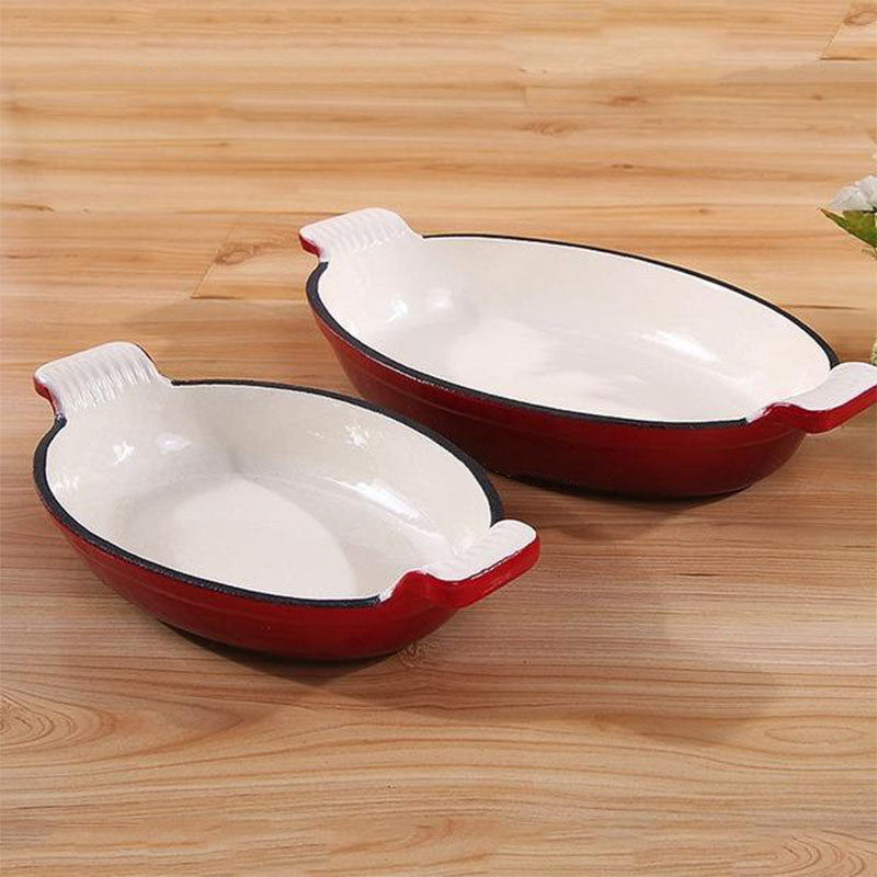 French Cast Iron Enamel Oval Baking Pan Lasagna Pan with Free Gift Oven Glove