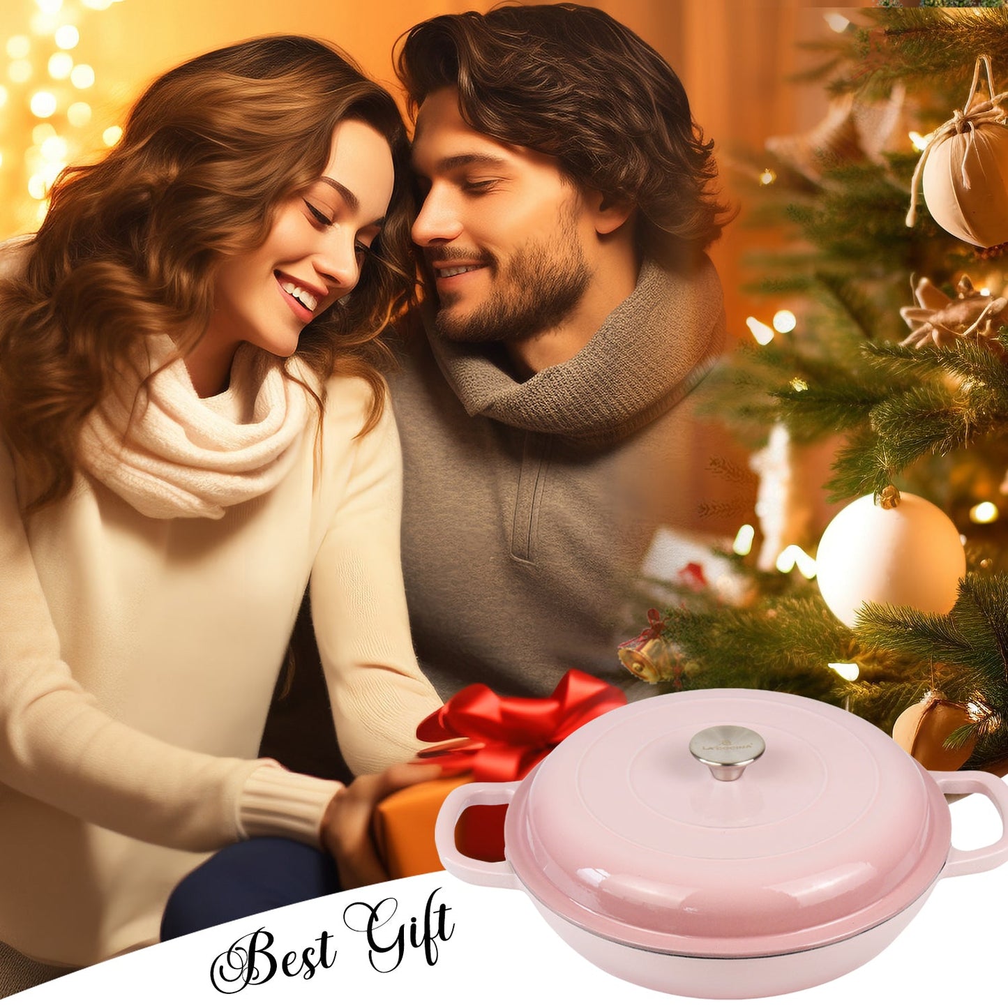 La Cocina 30cm Ombre Pink Cast Iron Shallow Round Casserole Paella Pot - 3.5 Liter