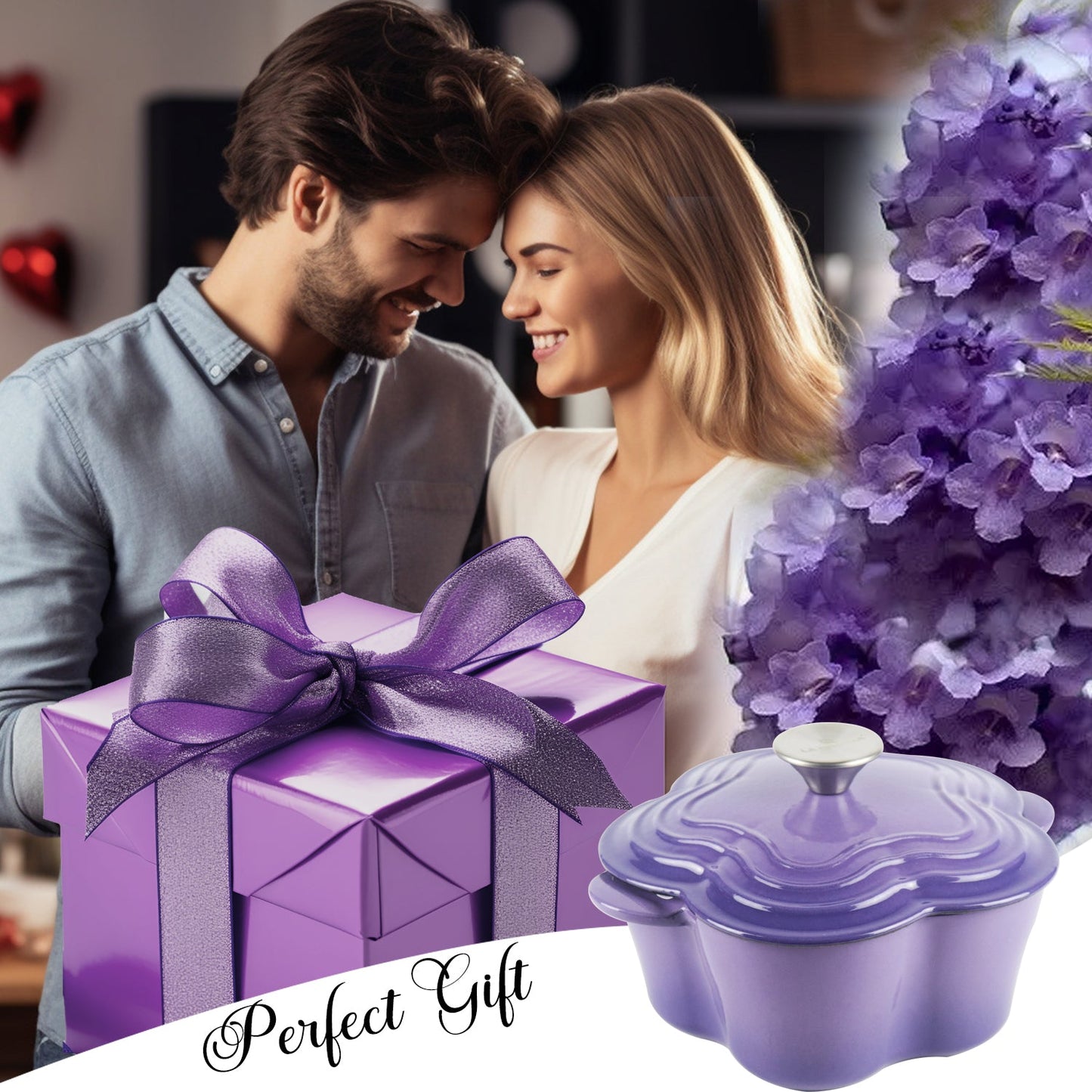 La Cocina 2QT 2-Litre Jacaranda Love Cast Iron 20cm Enamelled Casserole Pot