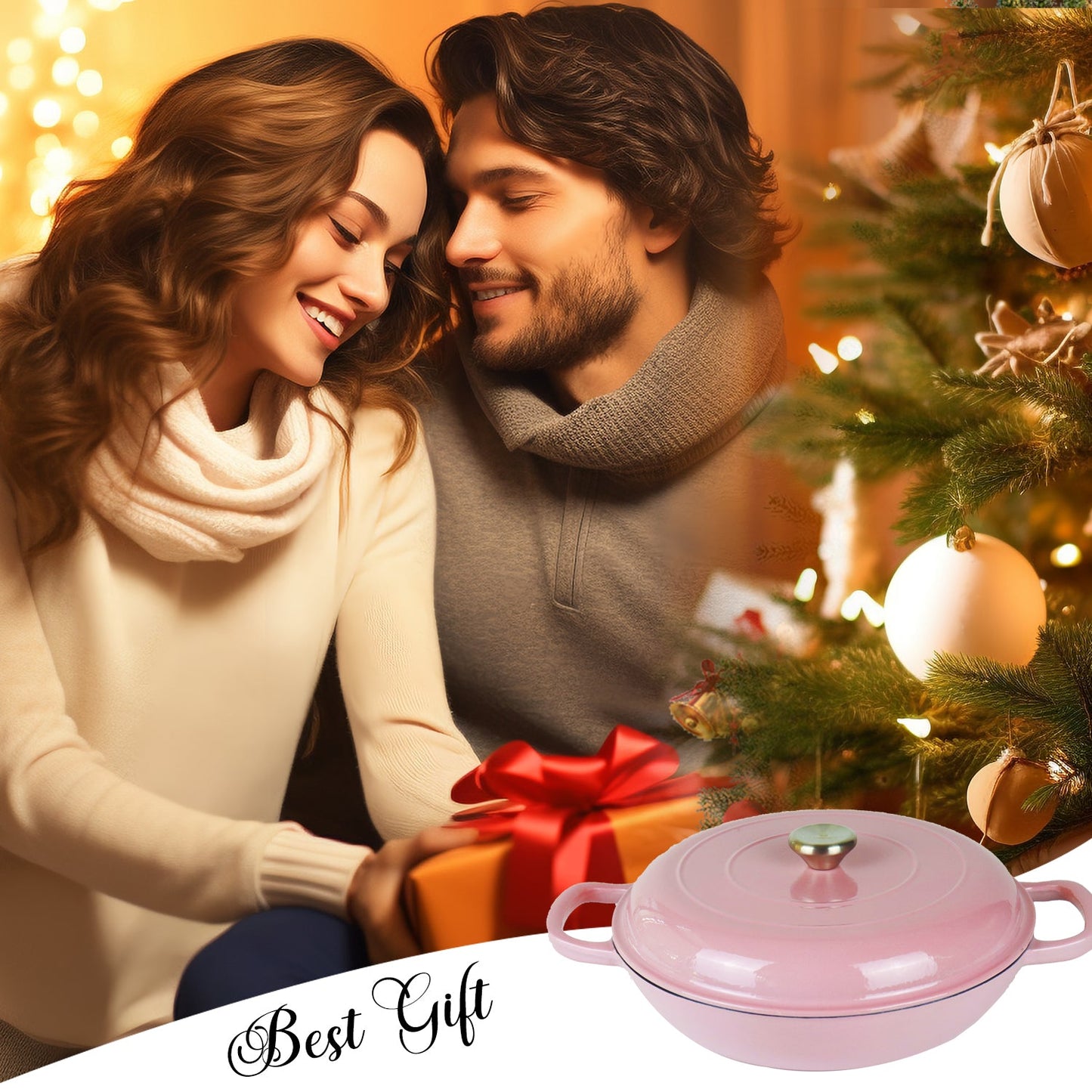 La Cocina 30cm Pink Cast Iron Shallow Round Casserole Paella Pot - 3.5 Liter