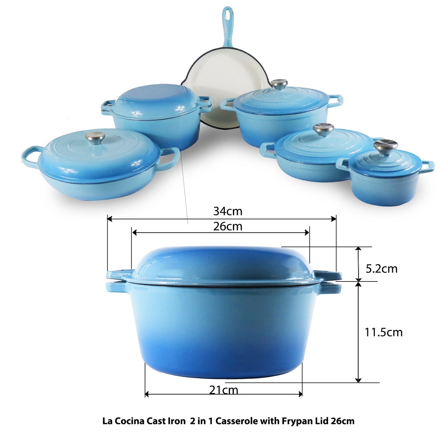 La Cocina Cast Iron 2 in 1 Casserole with Frypan Lid 26cm (one pot only)