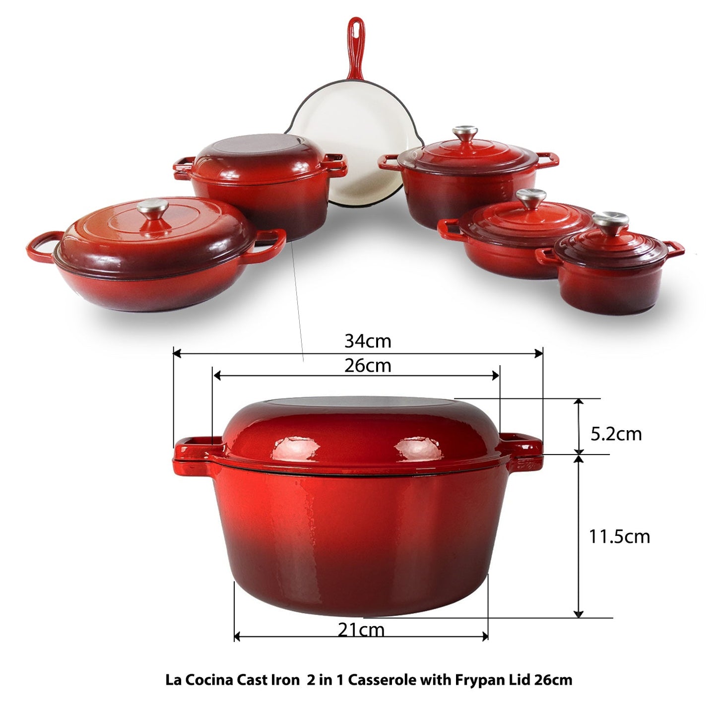 La Cocina Cast Iron 2 in 1 Casserole with Frypan Lid 26cm (one pot only)