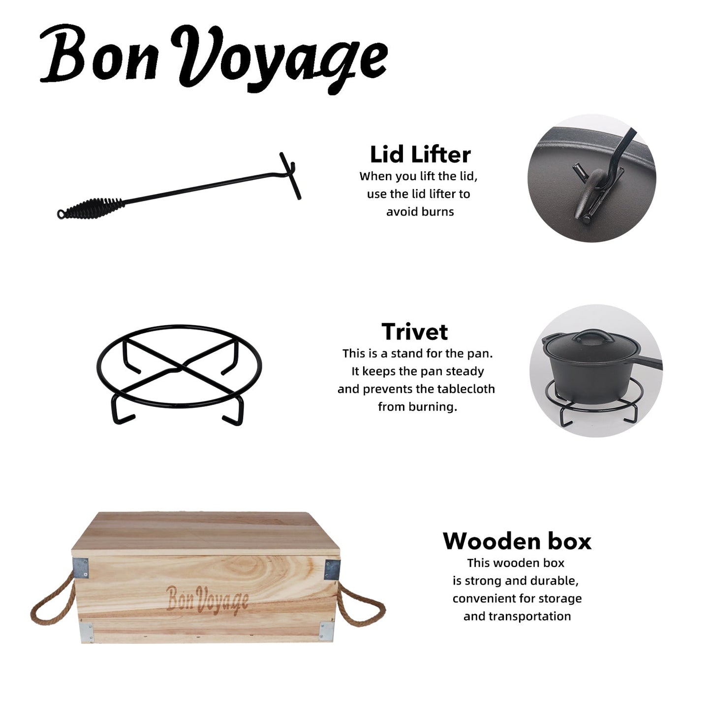 Bon Voyage 7 Piece Pre-Seasoned Heavy Duty Cast Iron Camping Set