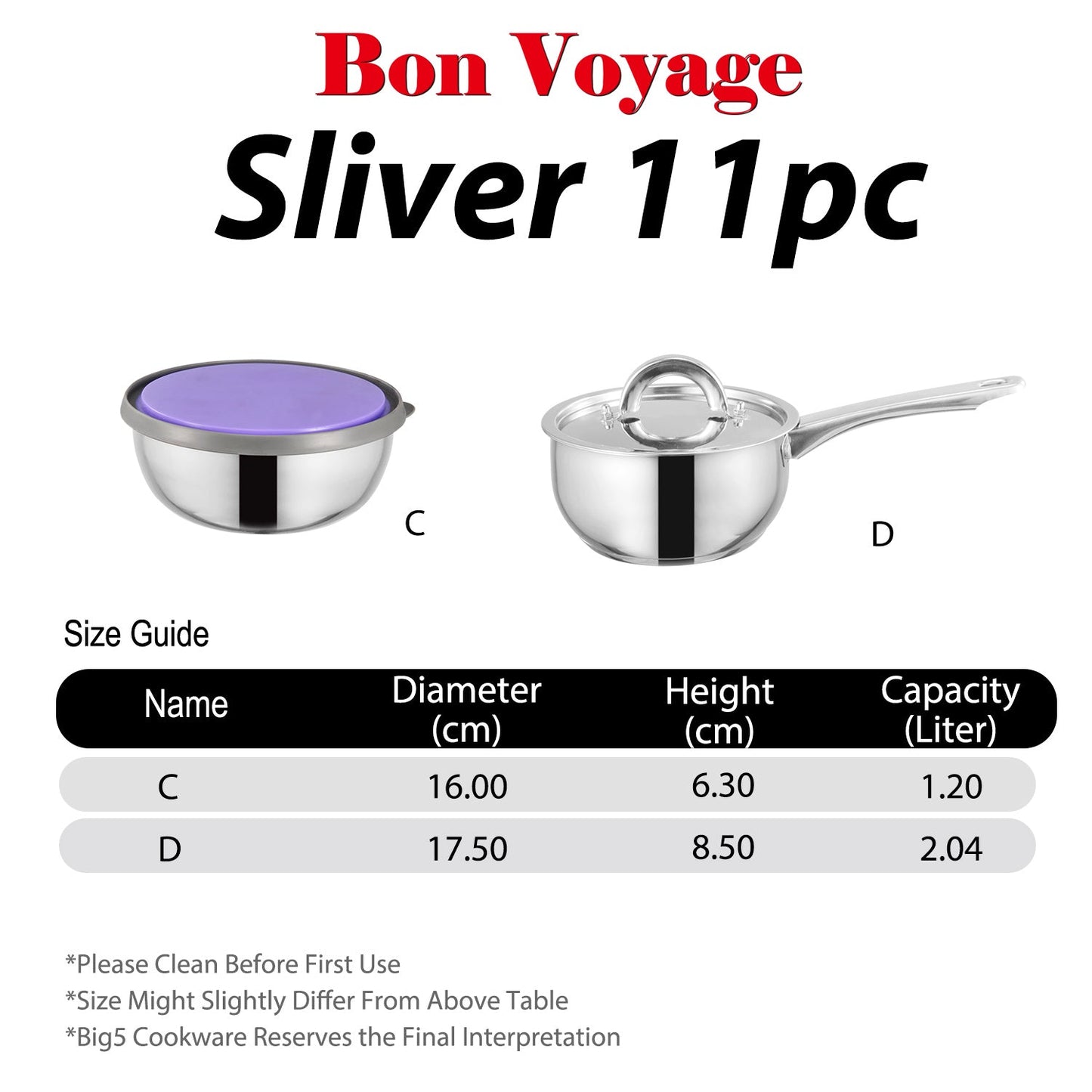 Bon Voyage Silver 11 Piece Stainless Pots Set