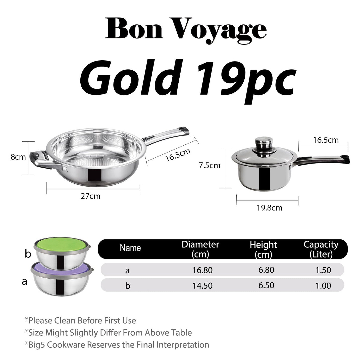 Bon Voyage Gold 19 Piece Stainless Pots Set