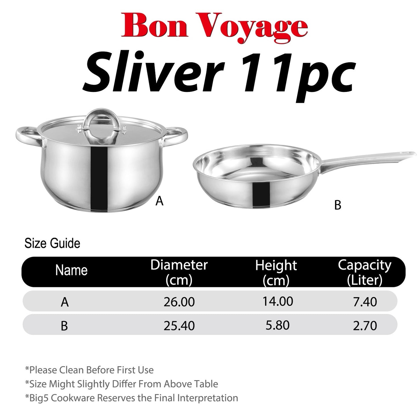 Bon Voyage Silver 11 Piece Stainless Pots Set