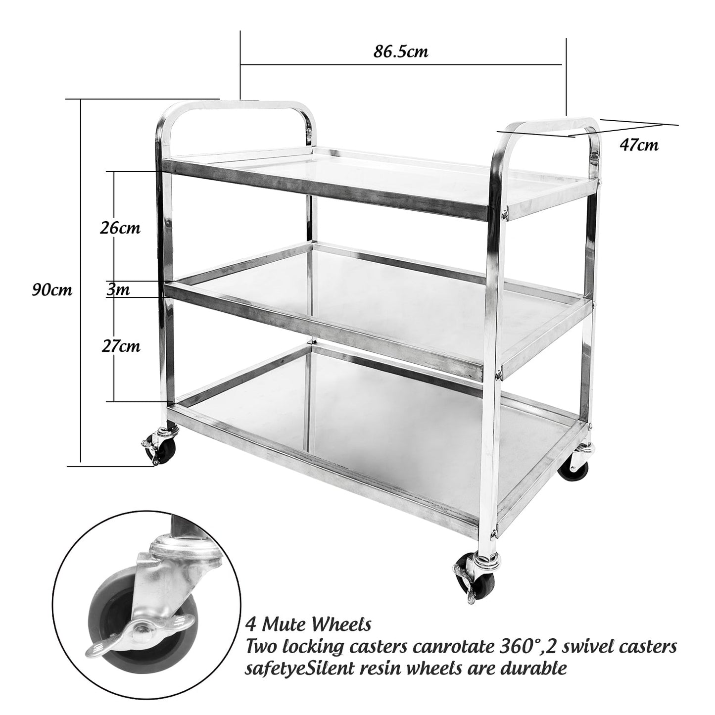 Stainless Steel 3 Tier Trolley, Utility Cart