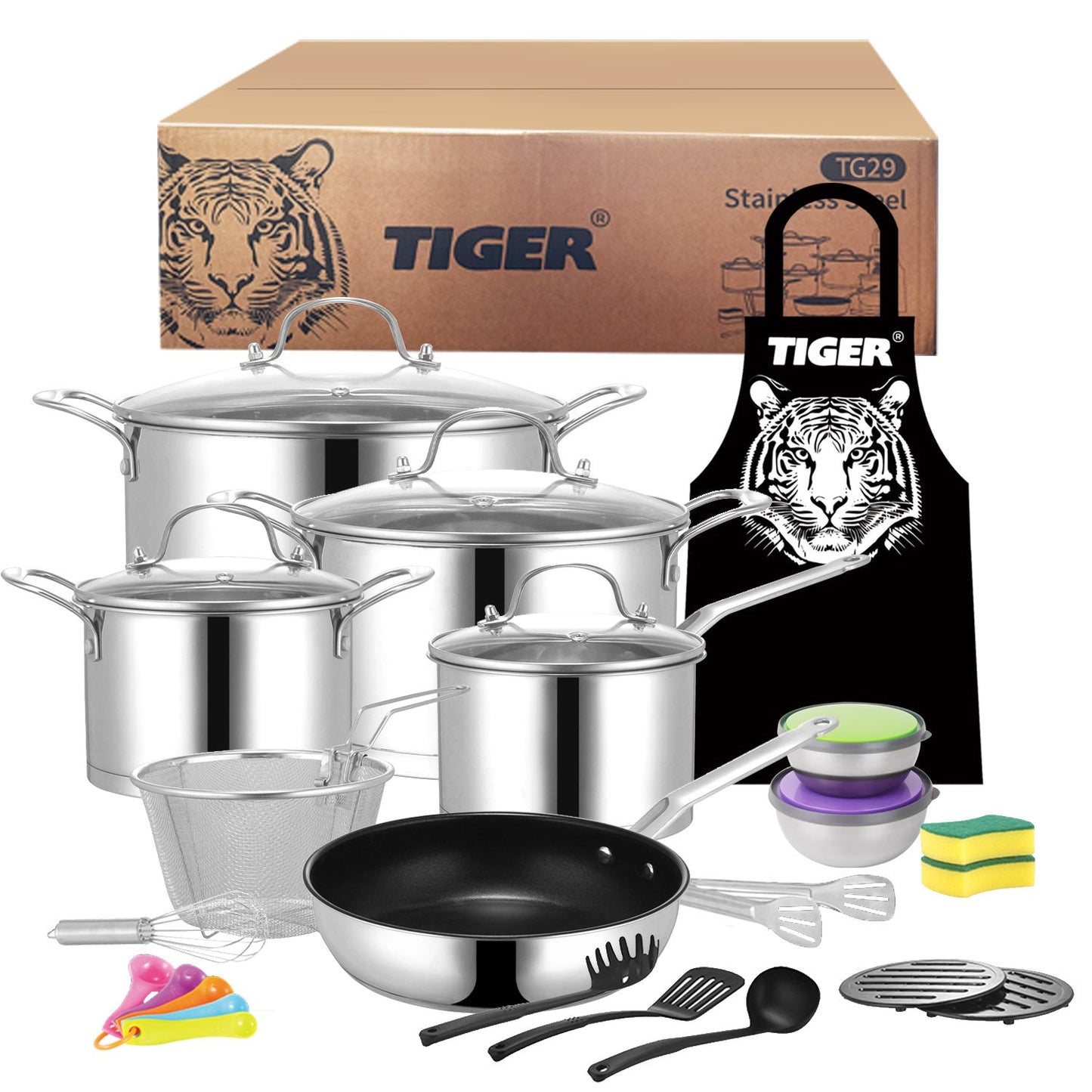 New Arrival!!! Tiger Stainless Steel 29 Piece Cookware Set - Tempered Glass Lid Edition