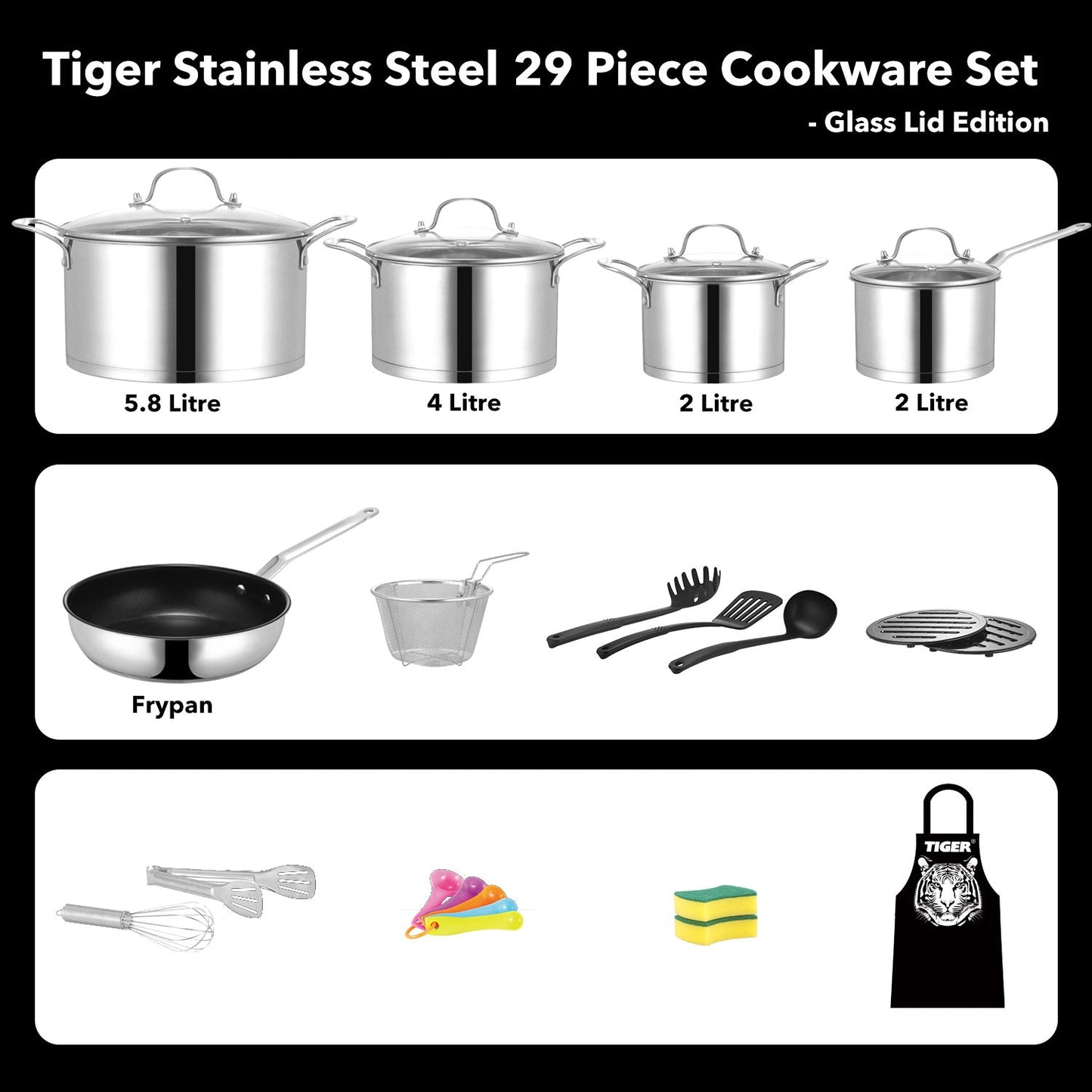 New Arrival!!! Tiger Stainless Steel 29 Piece Cookware Set - Tempered Glass Lid Edition