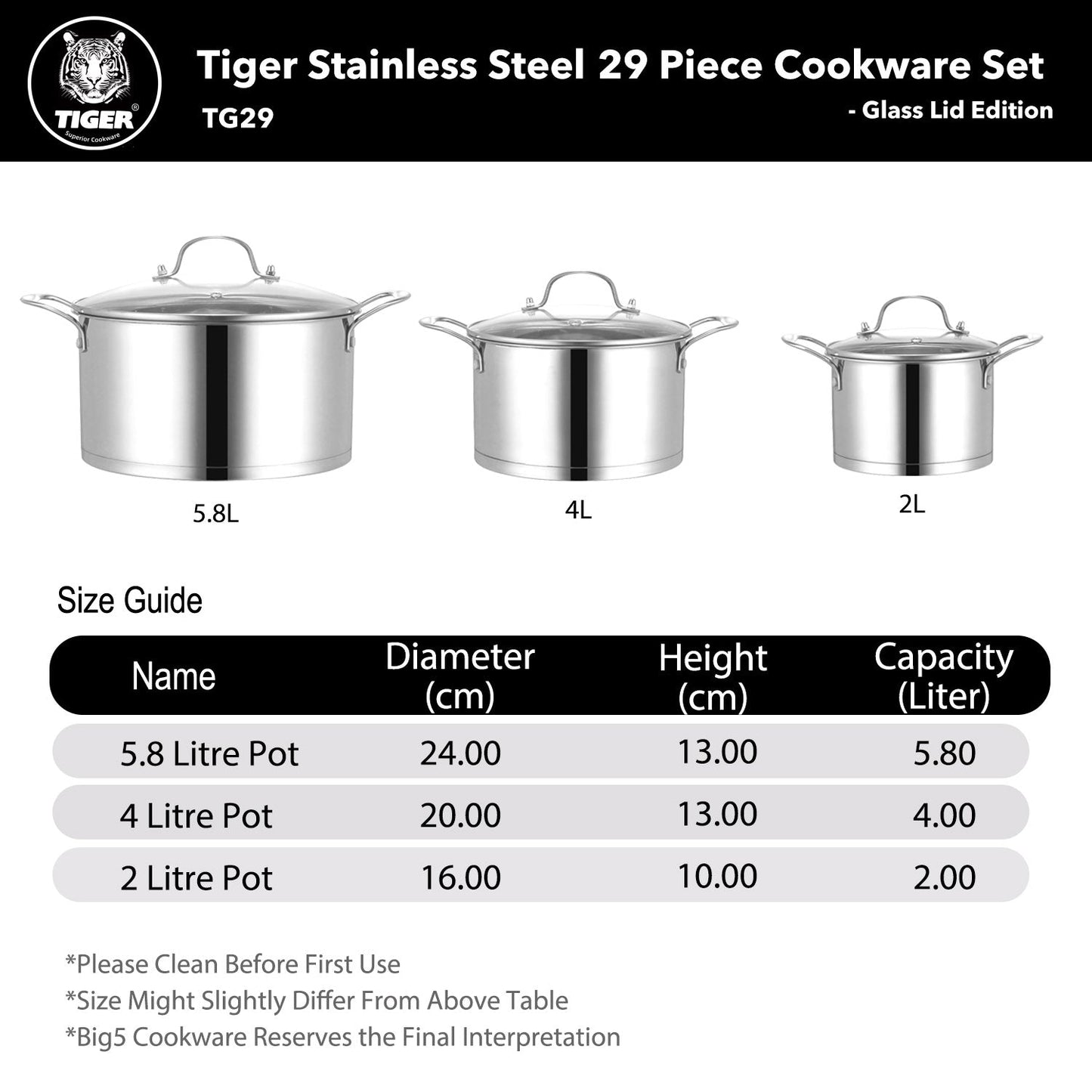 New Arrival!!! Tiger Stainless Steel 29 Piece Cookware Set - Tempered Glass Lid Edition
