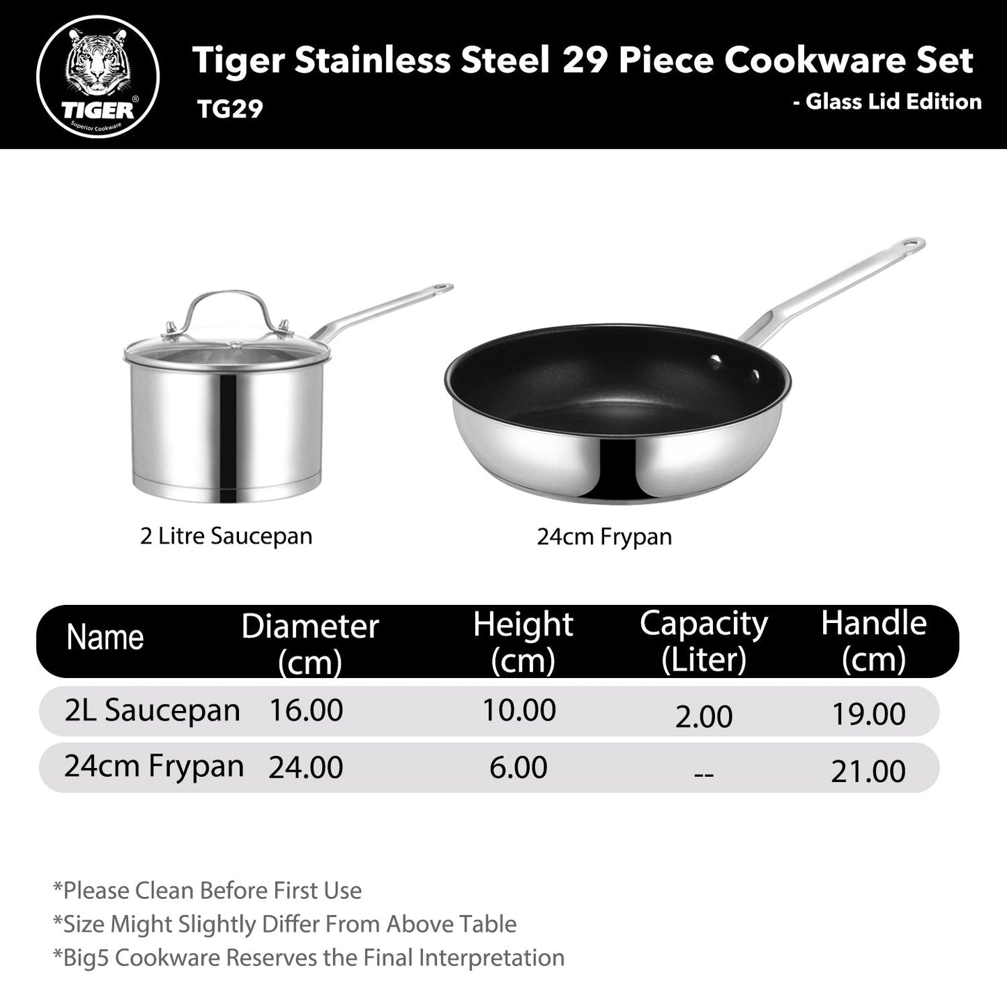 New Arrival!!! Tiger Stainless Steel 29 Piece Cookware Set - Tempered Glass Lid Edition