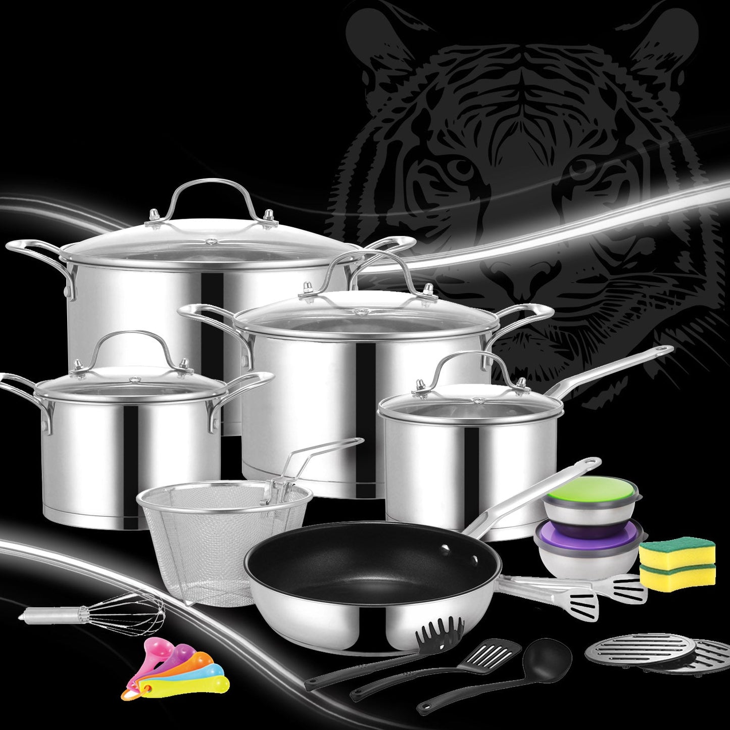 New Arrival!!! Tiger Stainless Steel 29 Piece Cookware Set - Tempered Glass Lid Edition