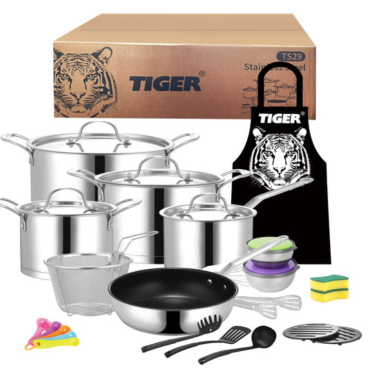 New Arrival!!! Tiger Stainless Steel 29 Piece Cookware Set - Stainless Steel Lid Edition