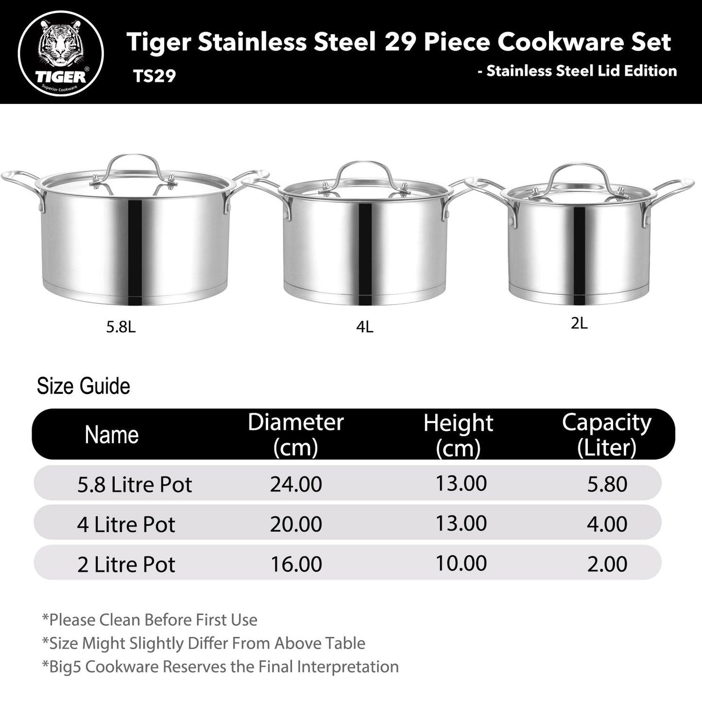New Arrival!!! Tiger Stainless Steel 29 Piece Cookware Set - Stainless Steel Lid Edition