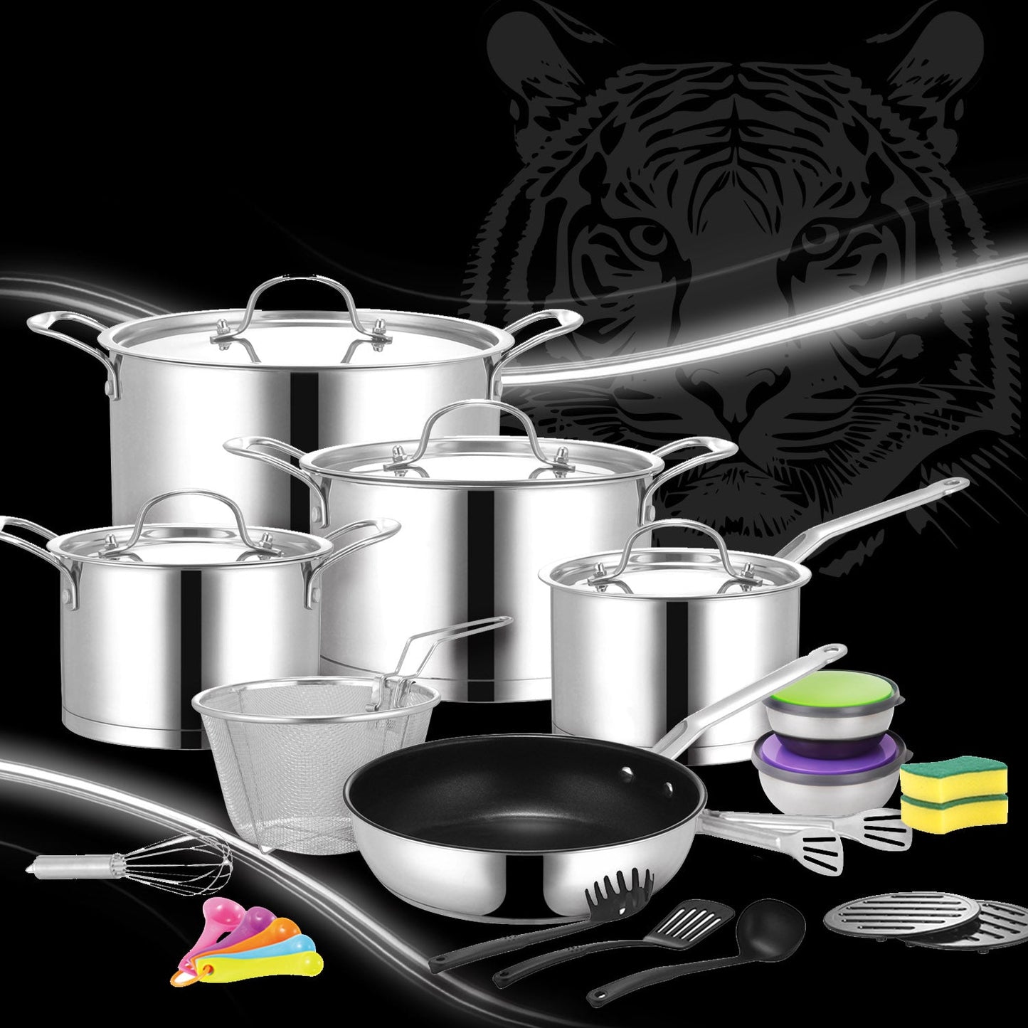 New Arrival!!! Tiger Stainless Steel 29 Piece Cookware Set - Stainless Steel Lid Edition