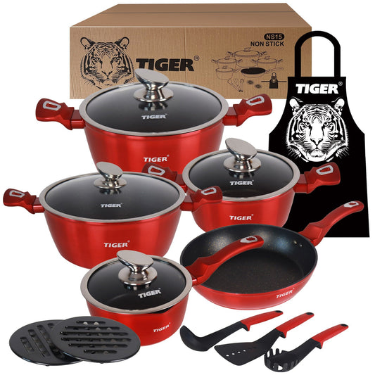 New Arrival!!! Tiger Non-Stick 15 Piece Marble Coating Cookware Set Burgundy