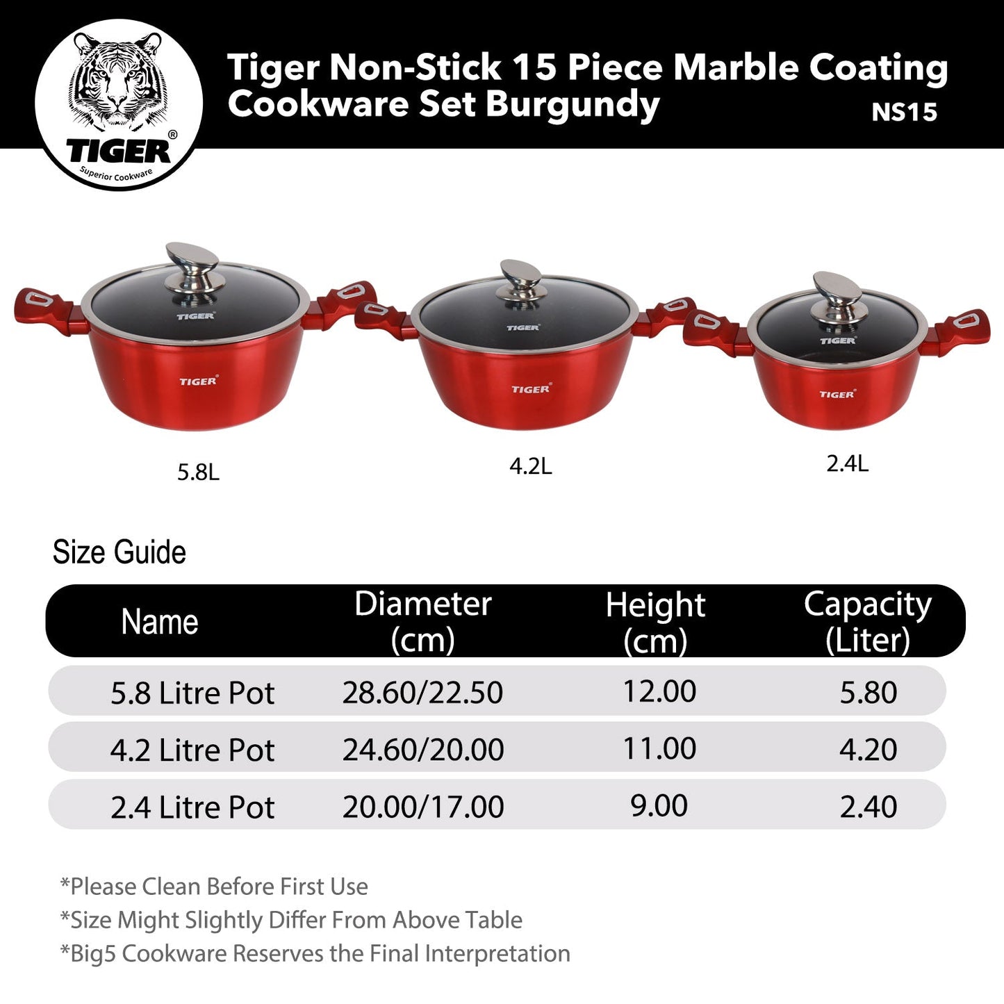 New Arrival!!! Tiger Non-Stick 15 Piece Marble Coating Cookware Set Burgundy